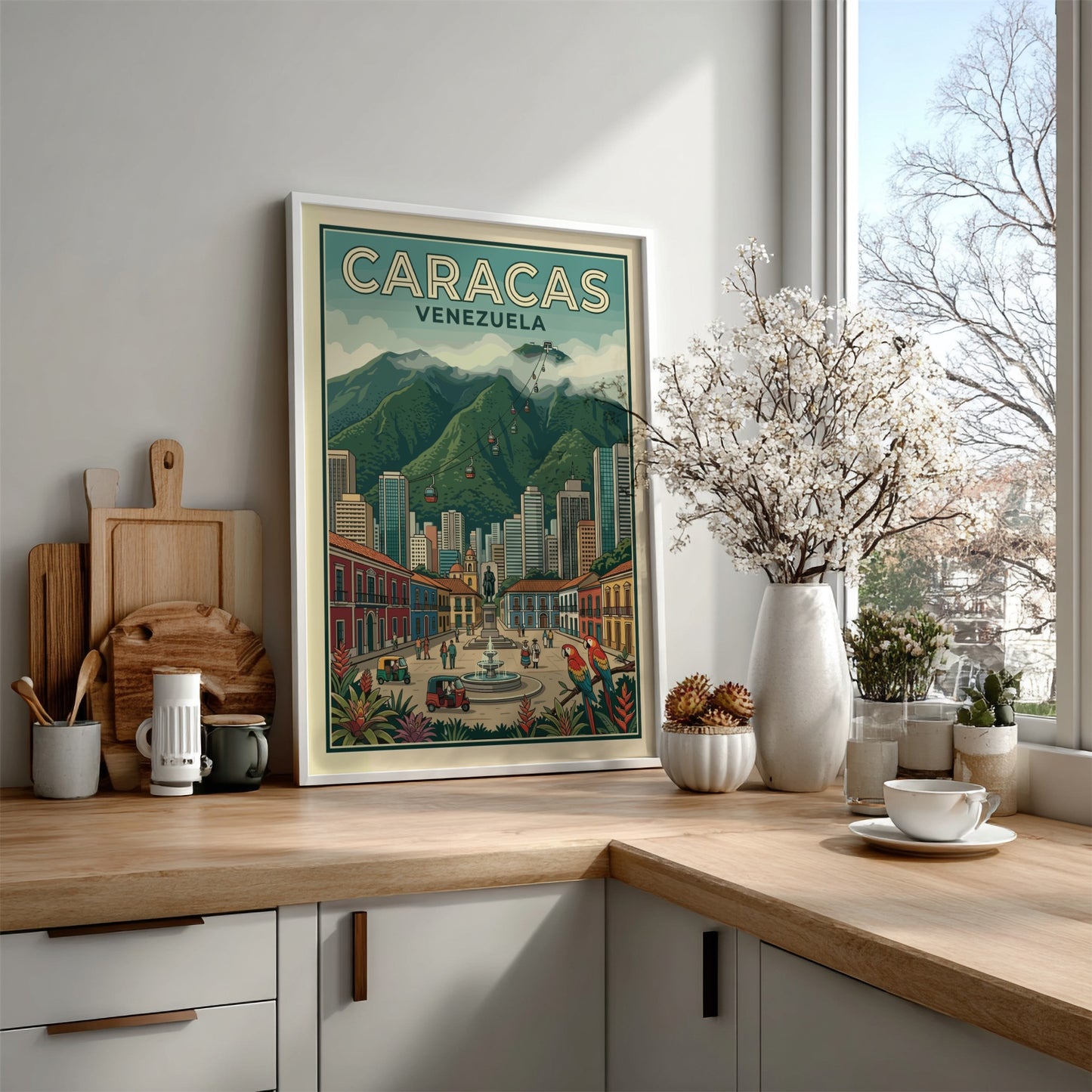 Caracas Venezuela travel poster featuring a bustling city square, mountain backdrop, and tropical macaws.