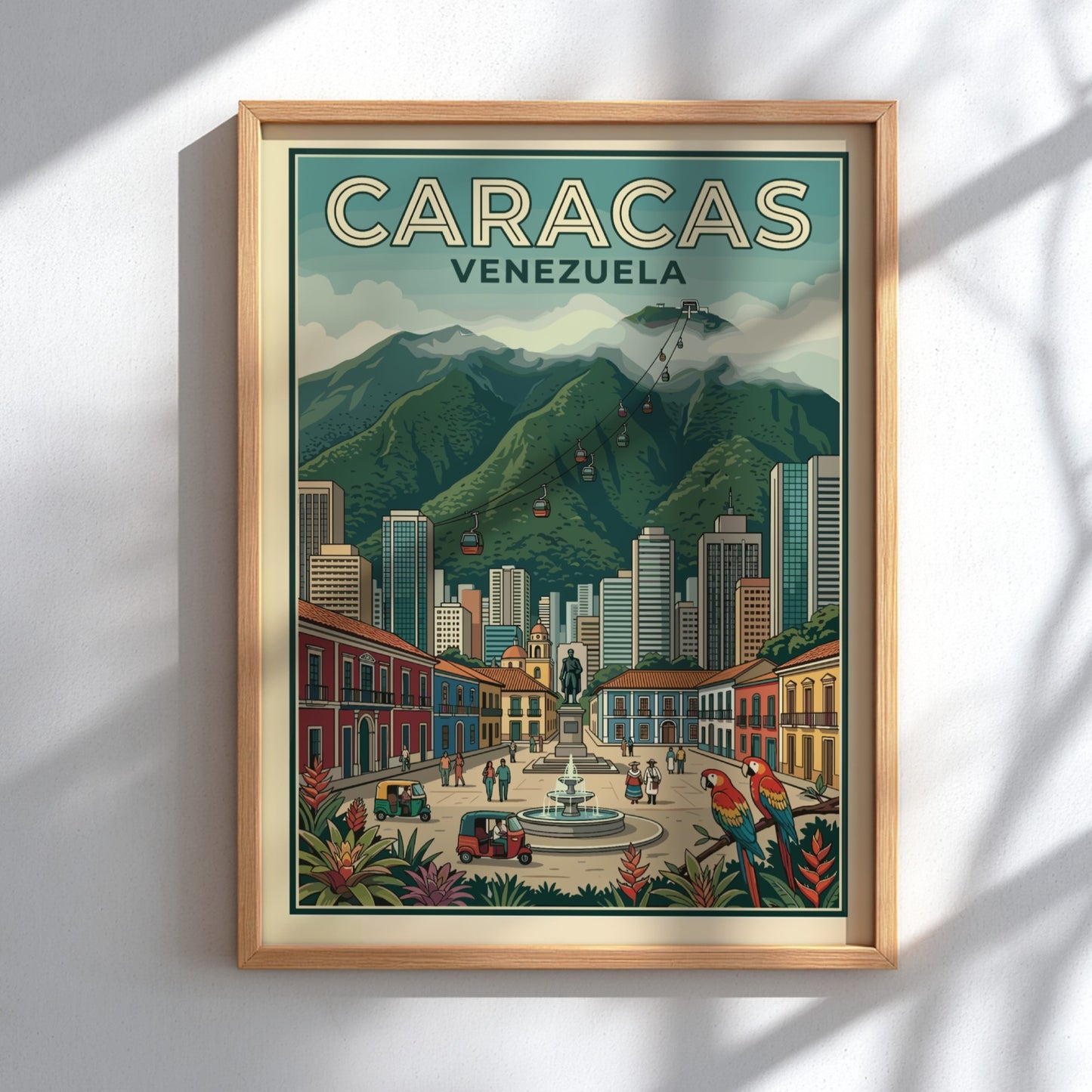 Caracas Venezuela travel poster featuring a bustling city square, mountain backdrop, and tropical macaws.
