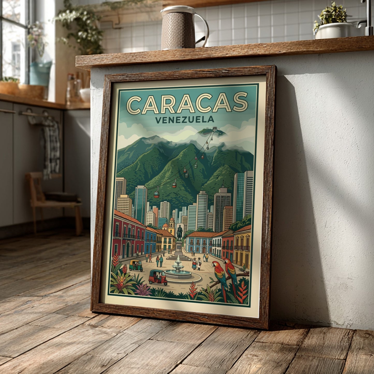 Caracas Venezuela travel poster featuring a bustling city square, mountain backdrop, and tropical macaws.