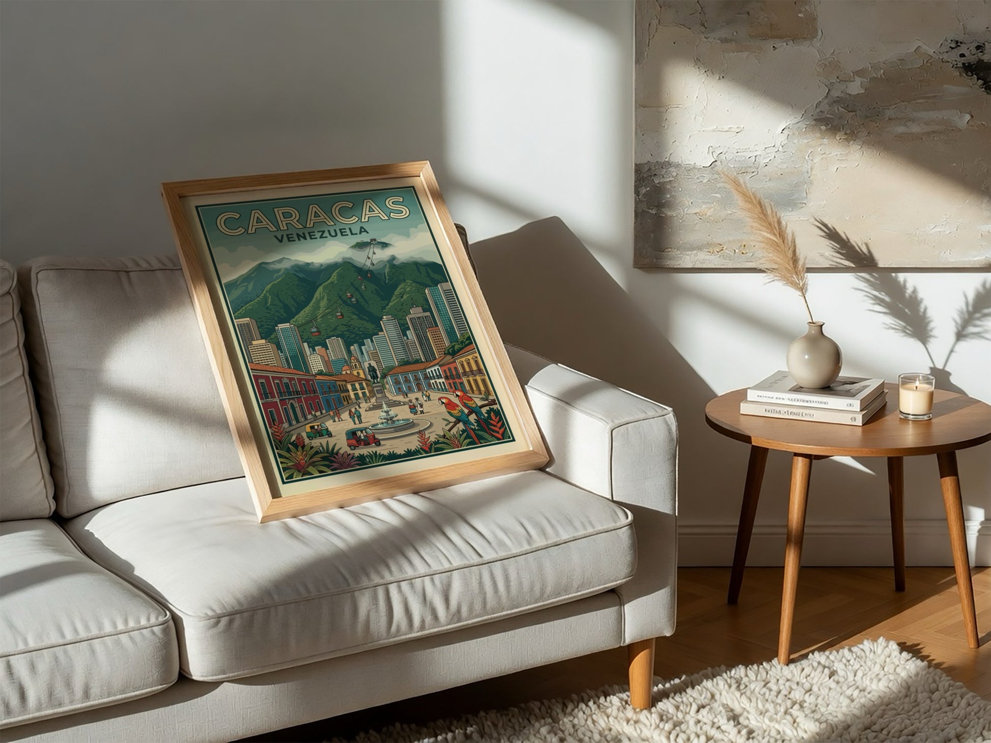 Caracas Venezuela travel poster featuring a bustling city square, mountain backdrop, and tropical macaws.