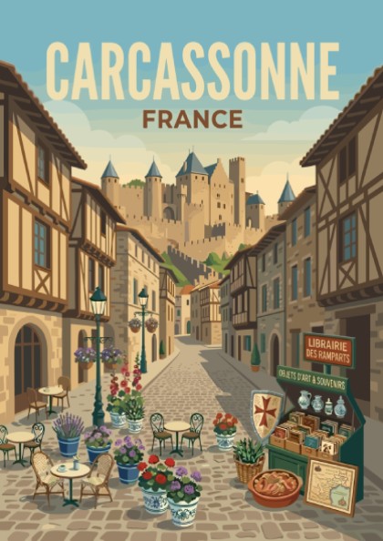 Carcassonne France travel poster featuring a cobblestone street leading to a medieval castle, vintage art