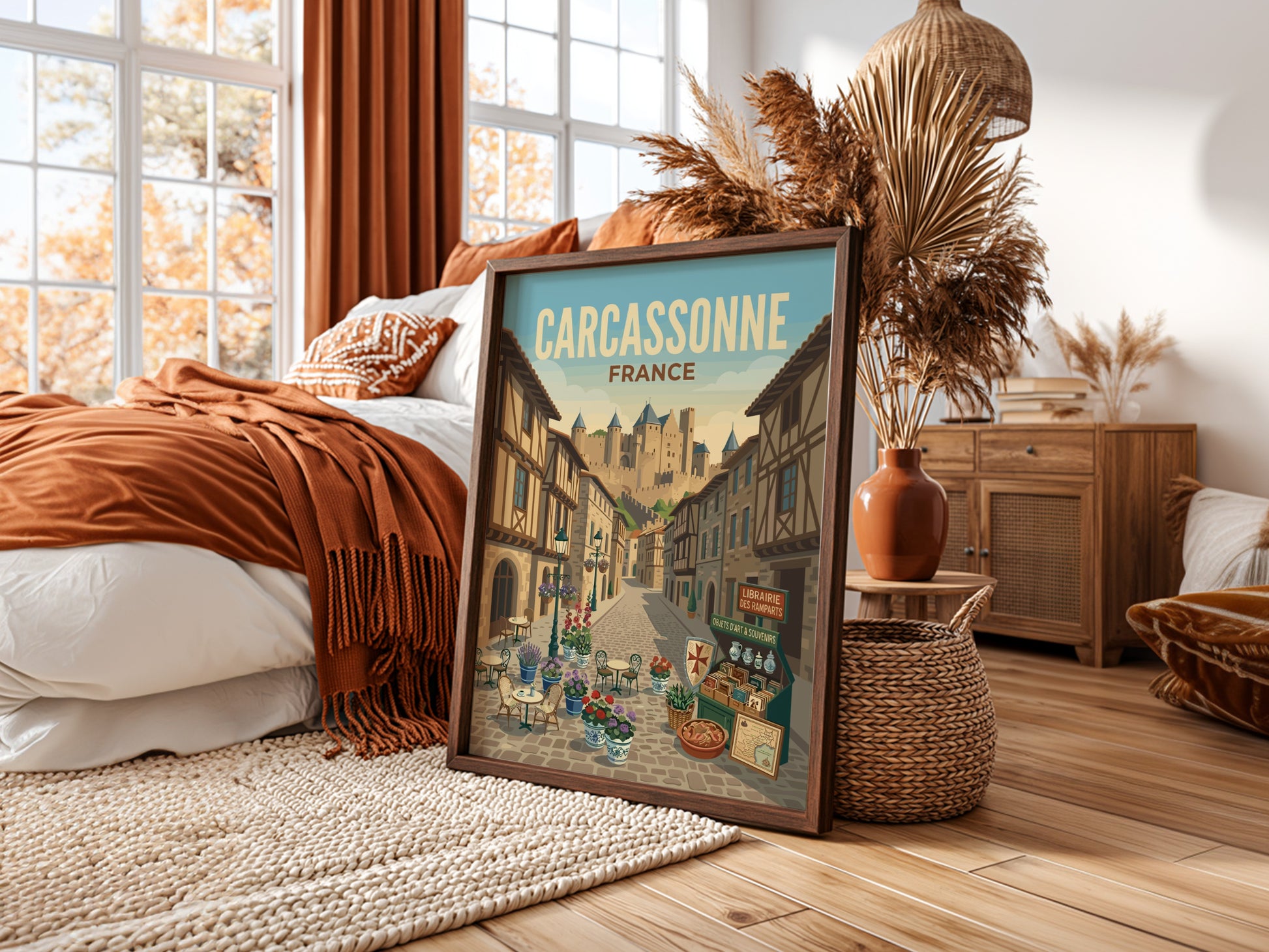 Carcassonne France travel poster featuring a cobblestone street leading to a medieval castle, vintage art