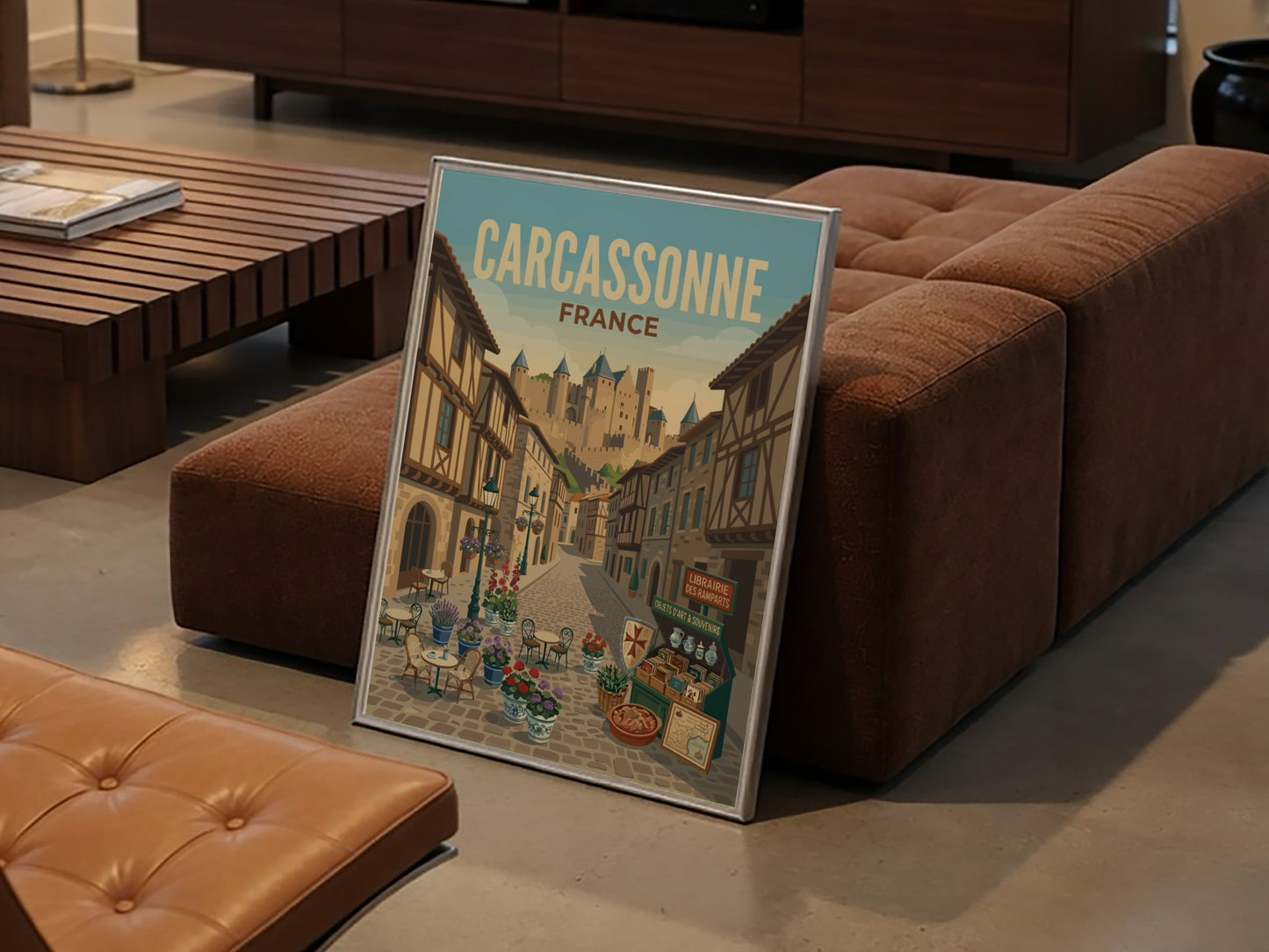 Carcassonne France travel poster featuring a cobblestone street leading to a medieval castle, vintage art