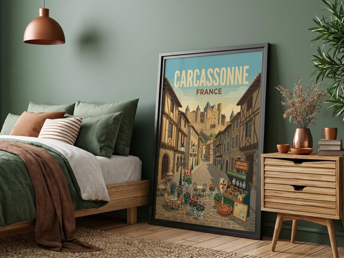 Carcassonne France travel poster featuring a cobblestone street leading to a medieval castle, vintage art