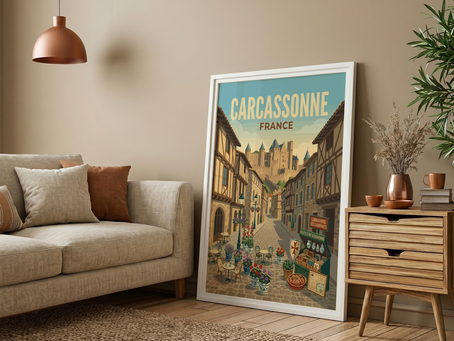 Carcassonne France travel poster featuring a cobblestone street leading to a medieval castle, vintage art