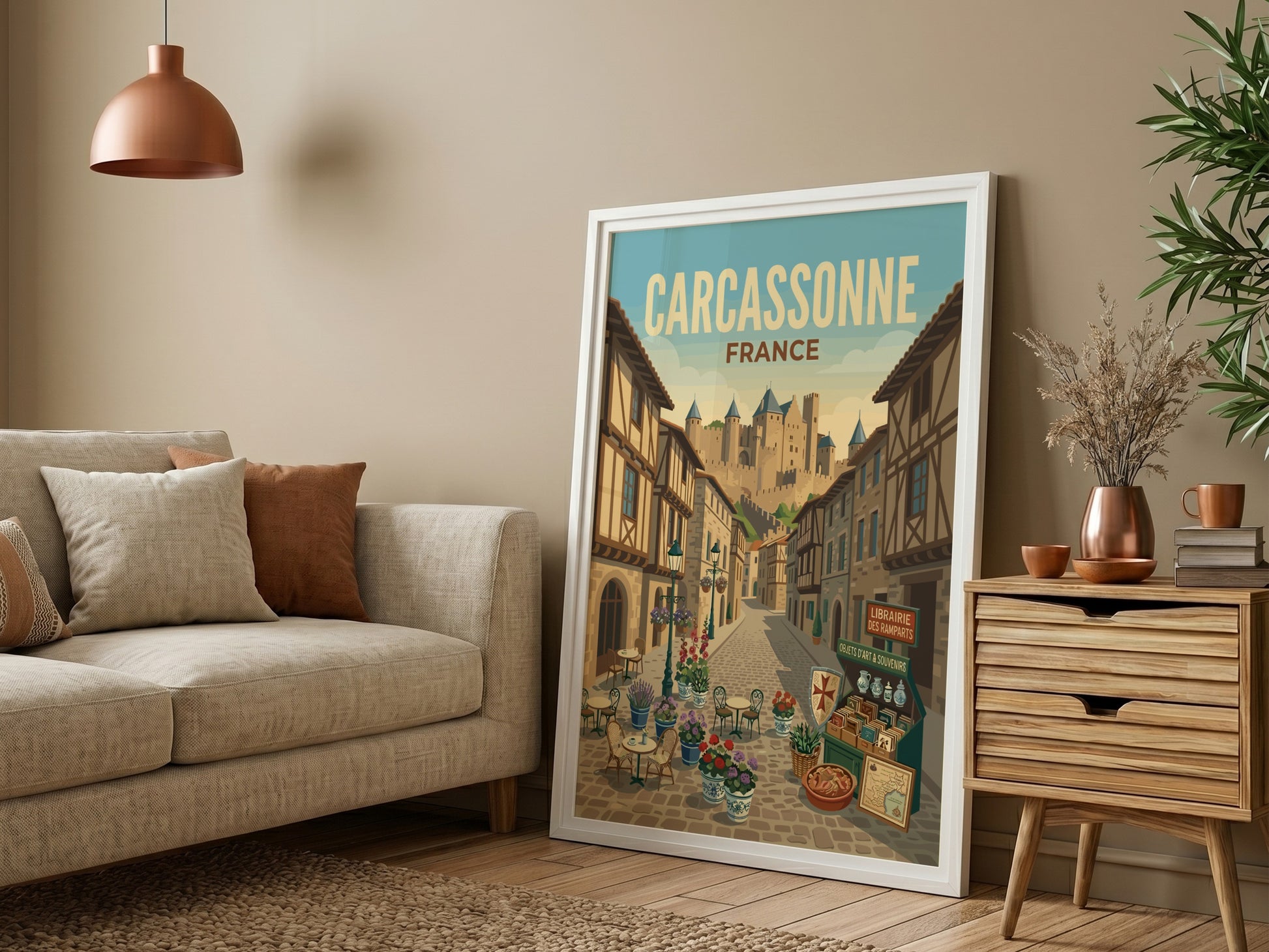 Carcassonne France travel poster featuring a cobblestone street leading to a medieval castle, vintage art