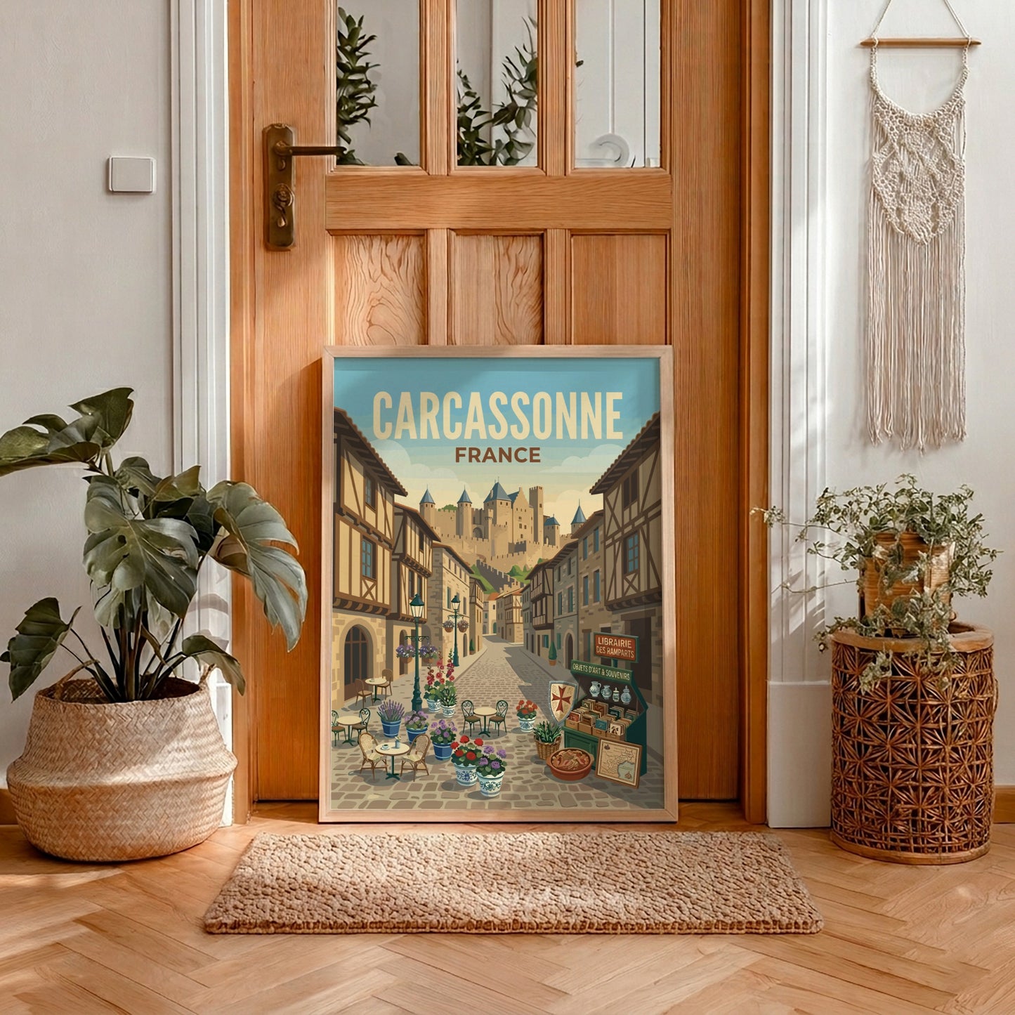 Carcassonne France travel poster featuring a cobblestone street leading to a medieval castle, vintage art