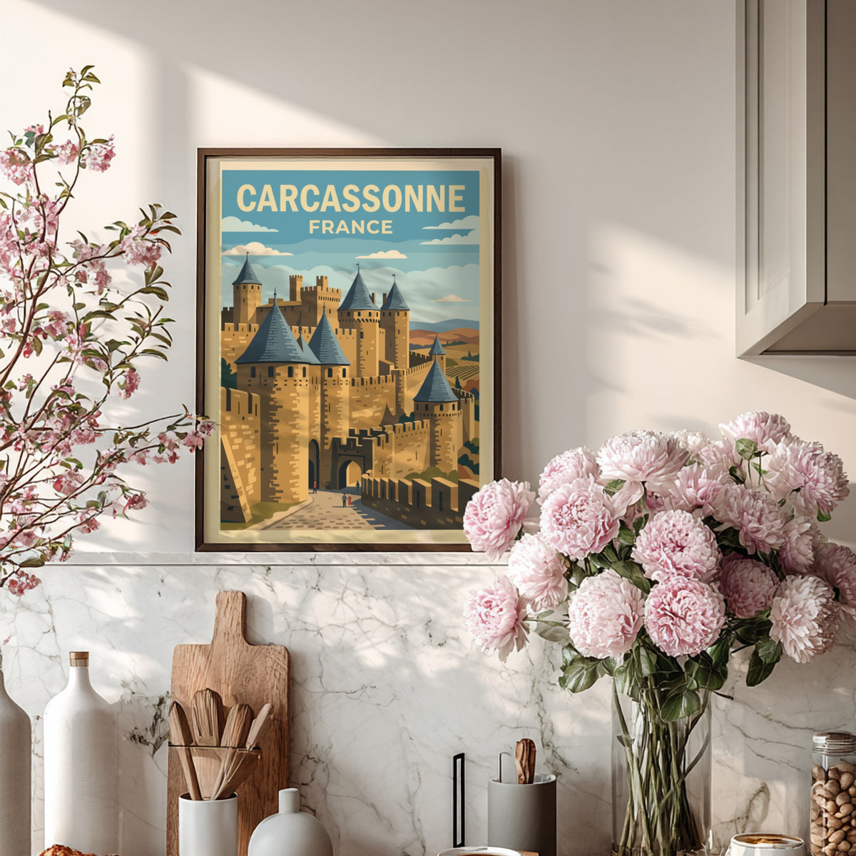 Carcassonne France travel poster featuring medieval stone castle walls and towers in vintage style.