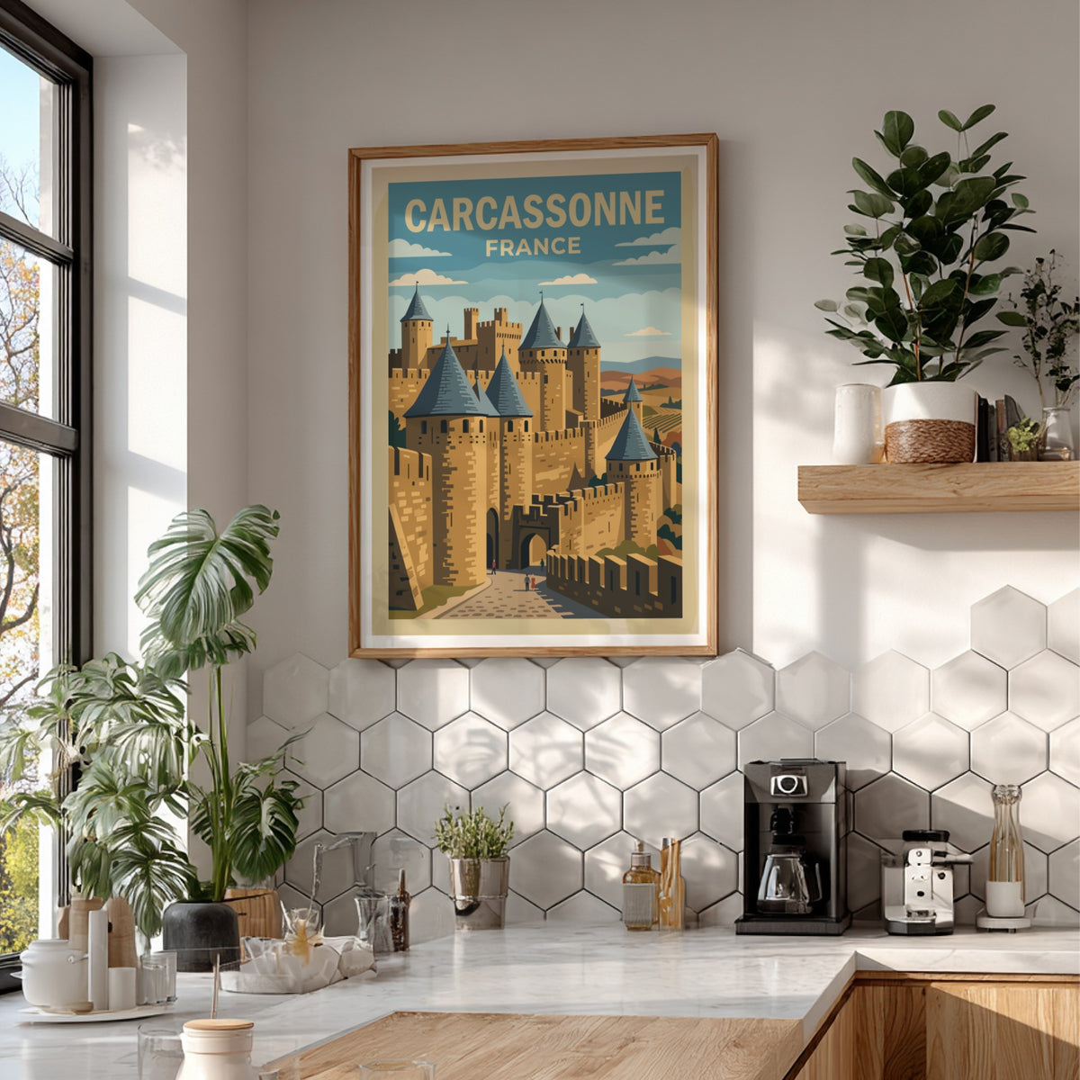 Carcassonne France travel poster featuring medieval stone castle walls and towers in vintage style.