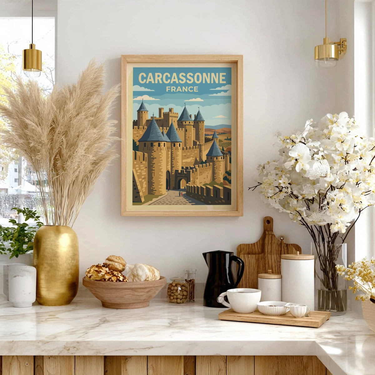 Carcassonne France travel poster featuring medieval stone castle walls and towers in vintage style.