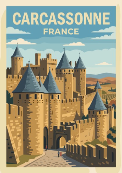 Carcassonne France travel poster featuring medieval stone castle walls and towers in vintage style.