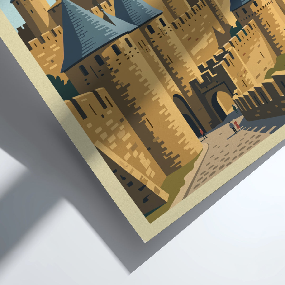 Carcassonne France travel poster featuring medieval stone castle walls and towers in vintage style.