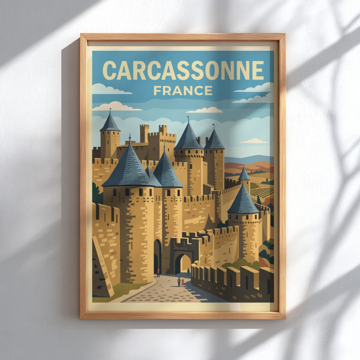 Carcassonne France travel poster featuring medieval stone castle walls and towers in vintage style.