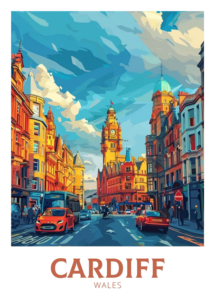 Europe CARDIFF TRAVEL POSTER - ENGLAND ARTWORK