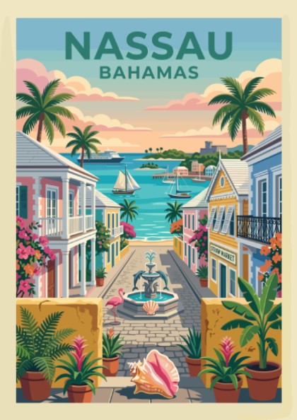 Nassau Harbor travel poster featuring colorful buildings, palm trees, and a serene bay in a retro style.