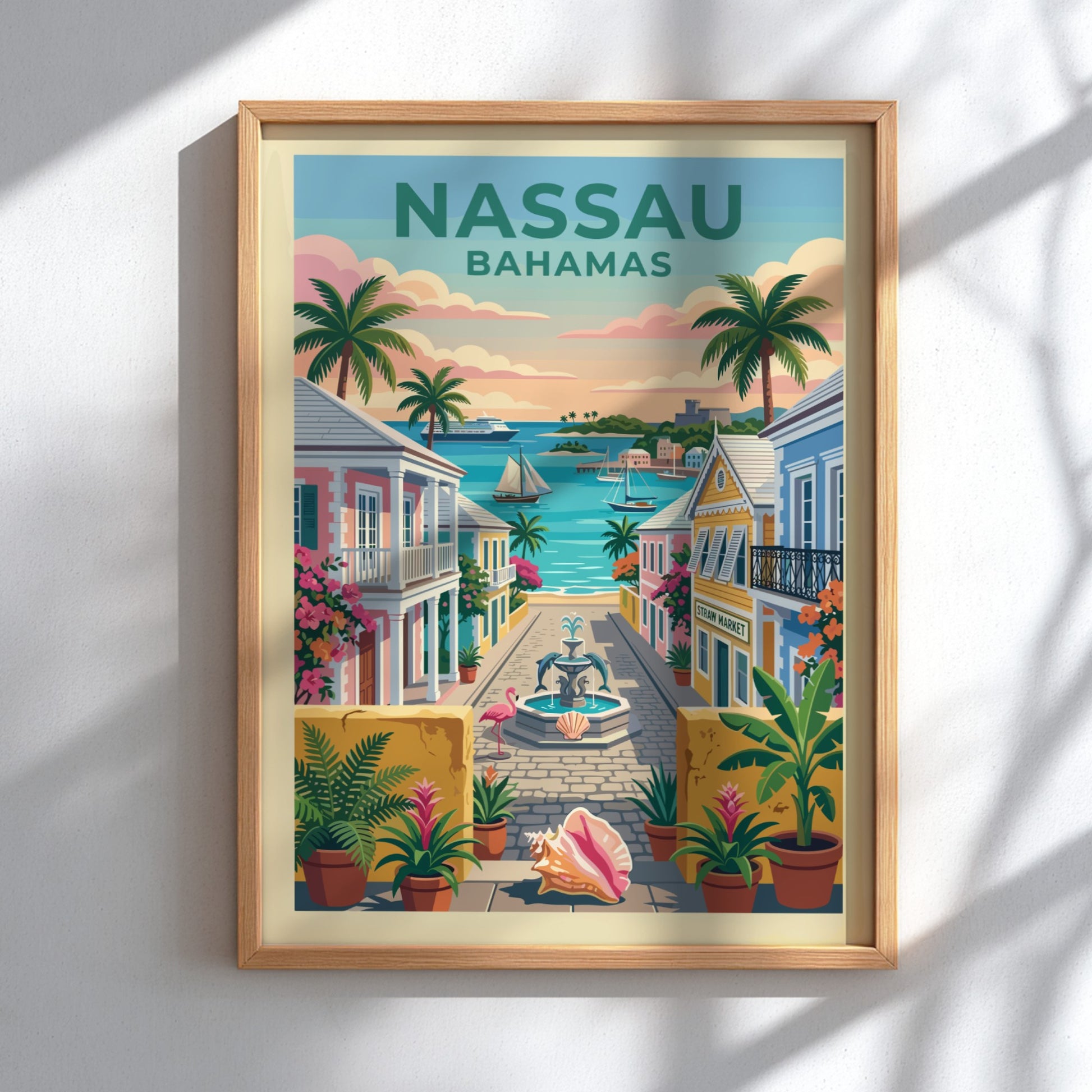 Nassau Harbor travel poster featuring colorful buildings, palm trees, and a serene bay in a retro style.