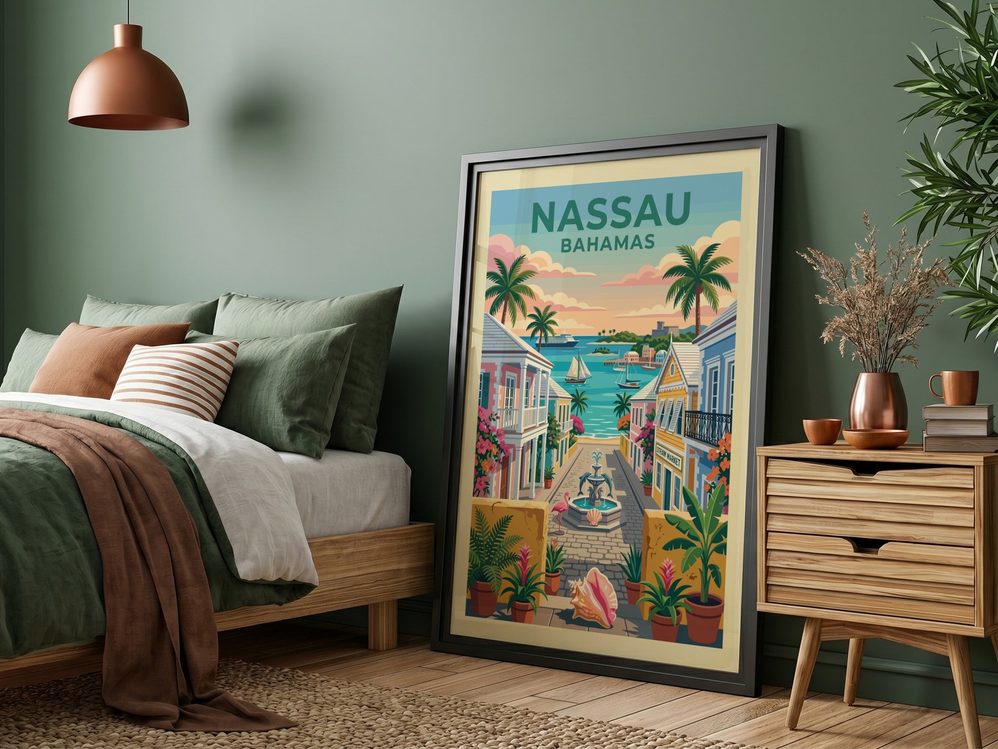 Nassau Harbor travel poster featuring colorful buildings, palm trees, and a serene bay in a retro style.