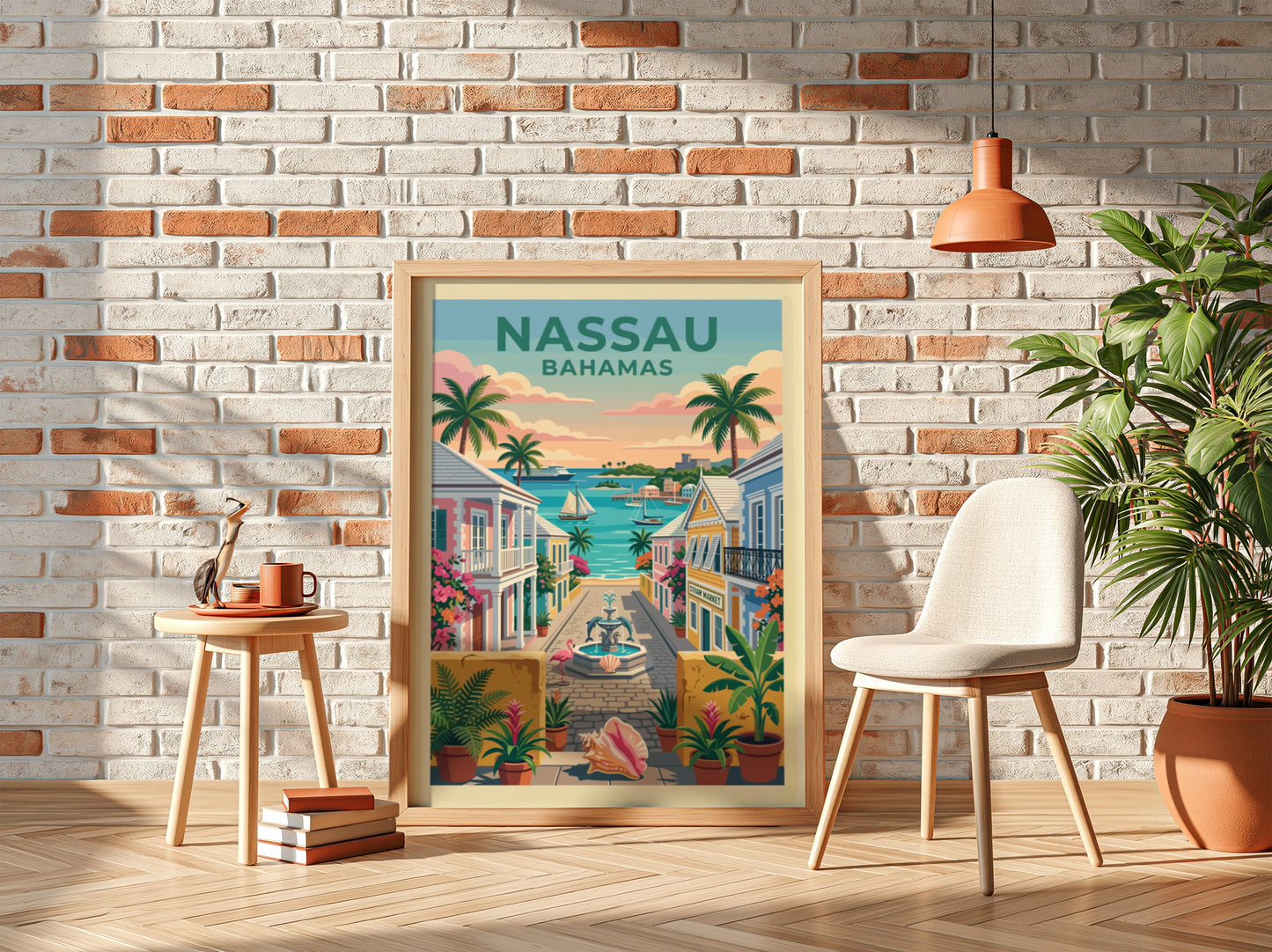 Nassau Harbor travel poster featuring colorful buildings, palm trees, and a serene bay in a retro style.