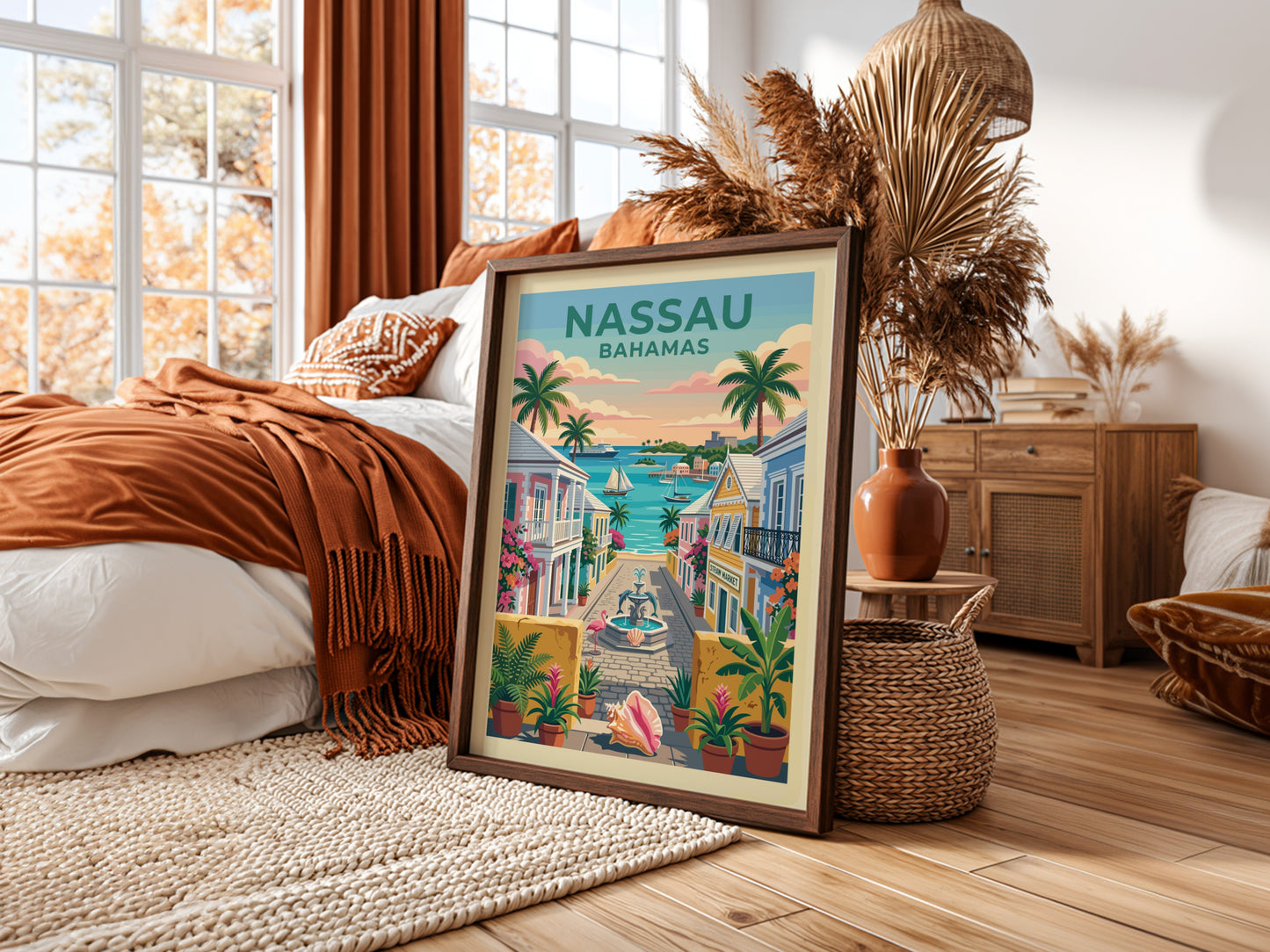 Nassau Harbor travel poster featuring colorful buildings, palm trees, and a serene bay in a retro style.