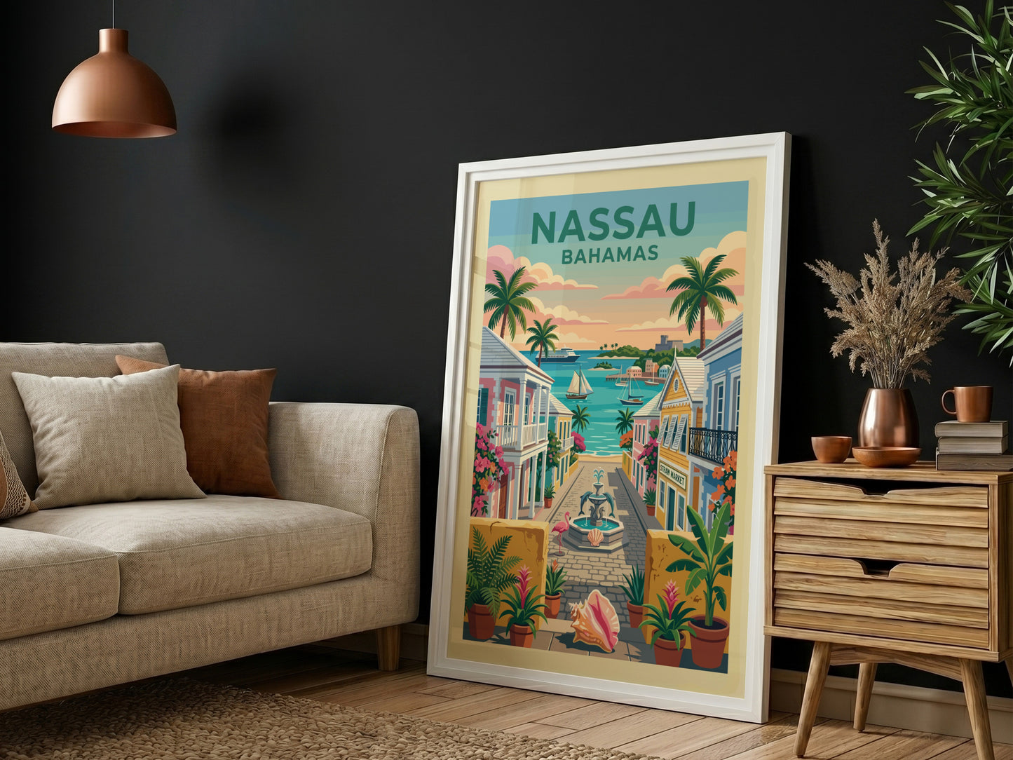 Nassau Harbor travel poster featuring colorful buildings, palm trees, and a serene bay in a retro style.