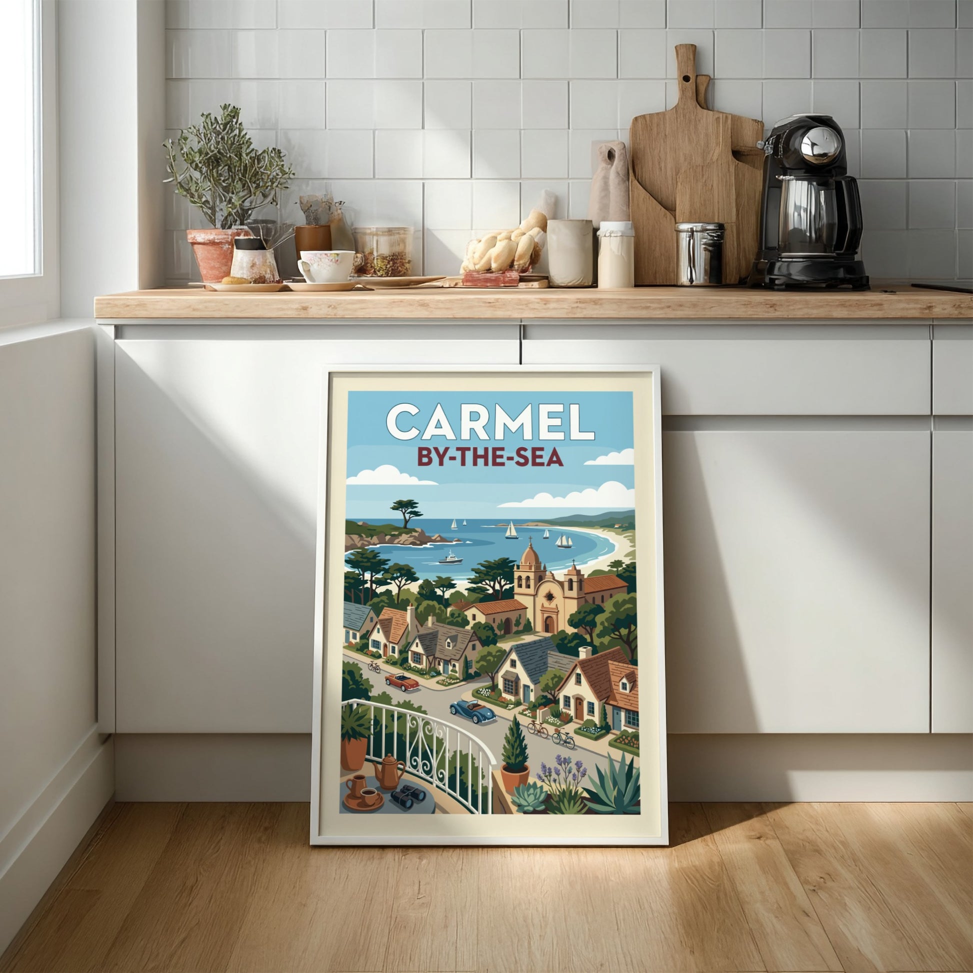 Carmel-by-the-Sea coastal town print with vintage cars, mission church, and sailboats.