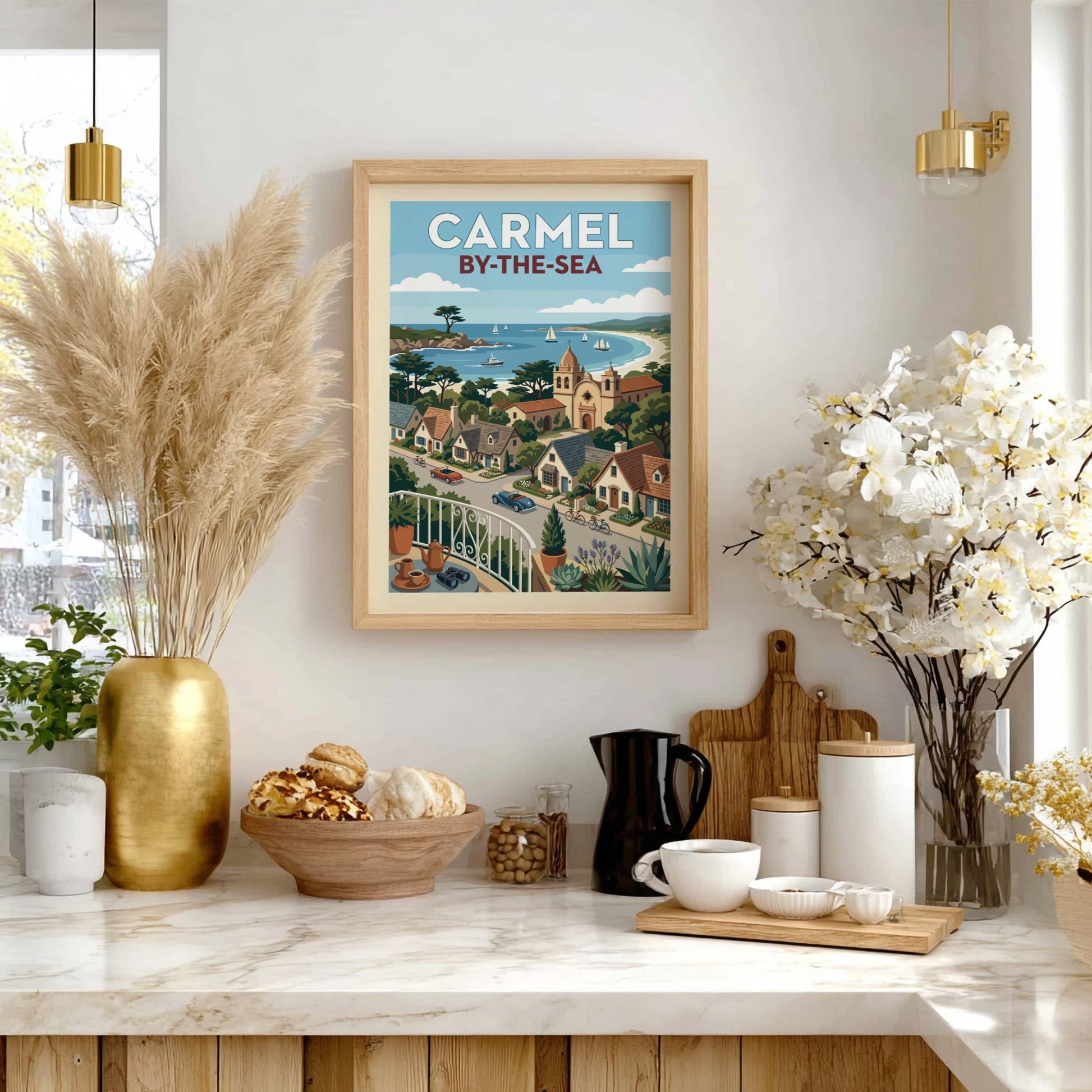 Carmel-by-the-Sea coastal town print with vintage cars, mission church, and sailboats.