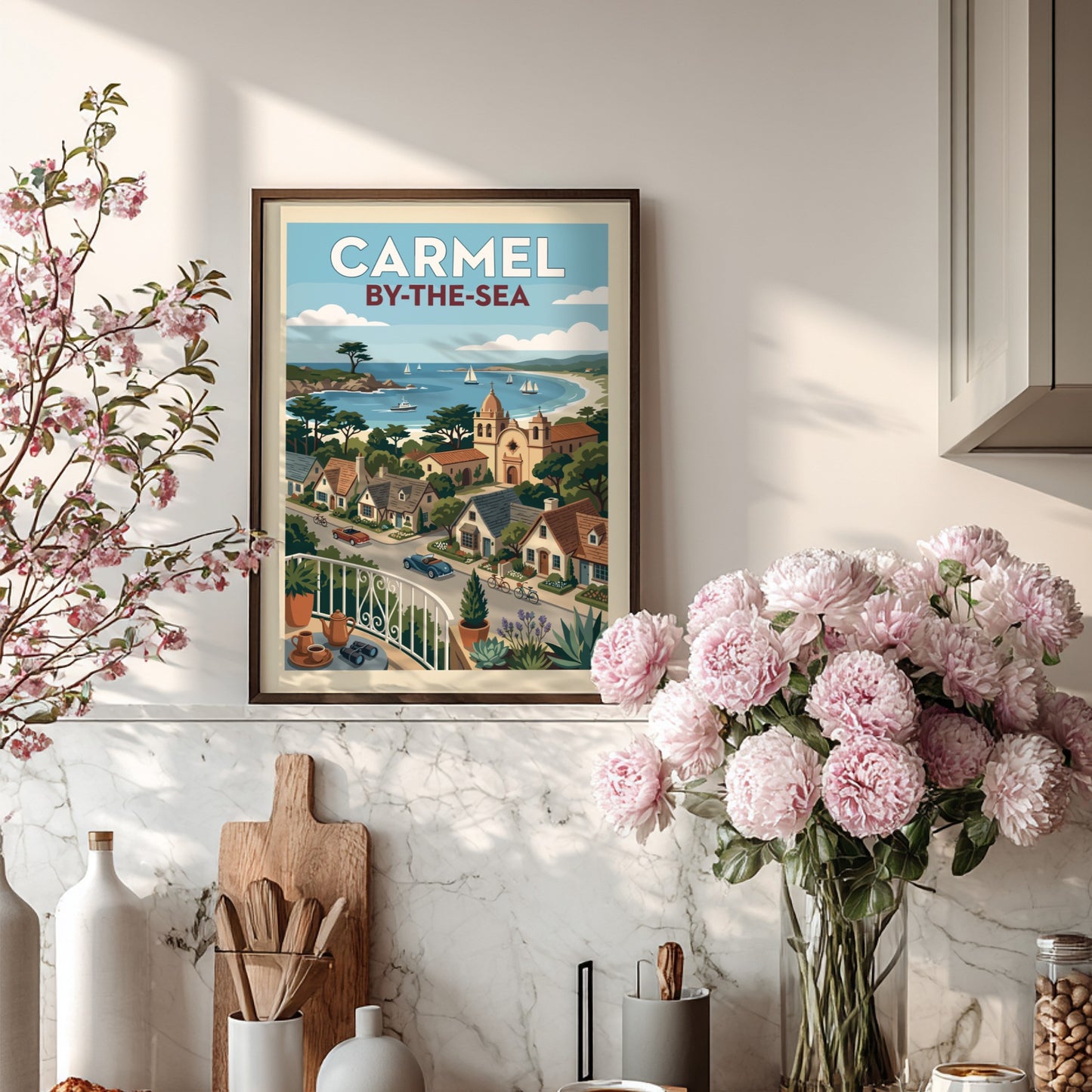 Carmel-by-the-Sea coastal town print with vintage cars, mission church, and sailboats.