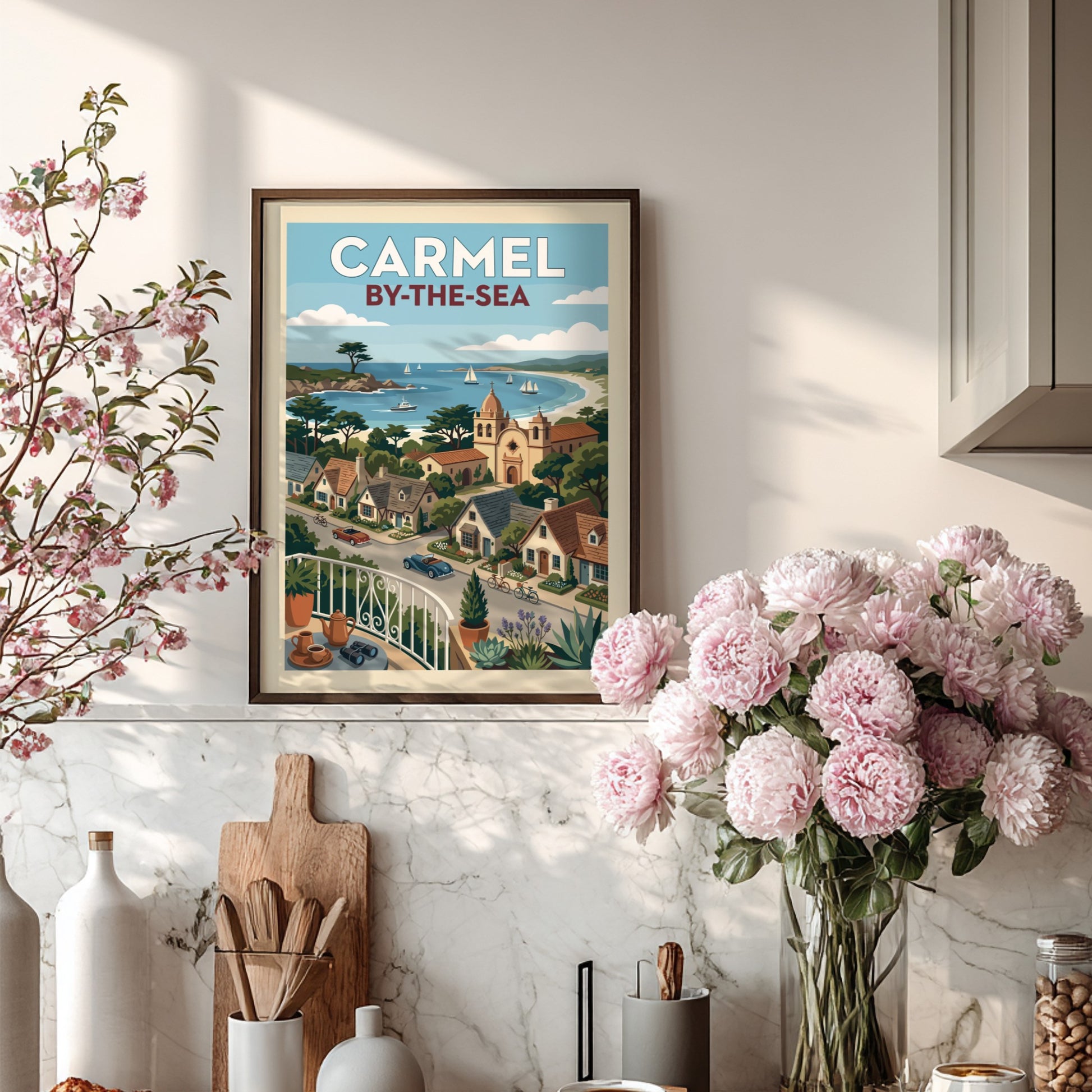 Carmel-by-the-Sea coastal town print with vintage cars, mission church, and sailboats.