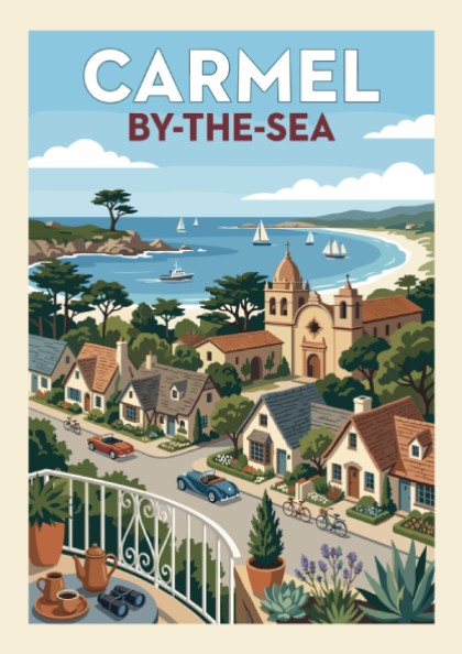 Carmel-by-the-Sea coastal town print with vintage cars, mission church, and sailboats.