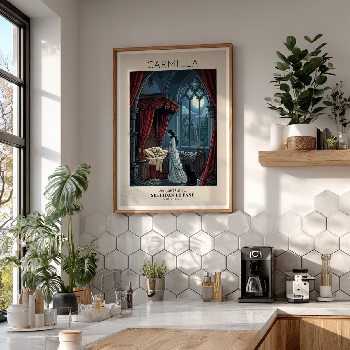 Gothic poster of a woman standing over a sleeping girl with a black cat.