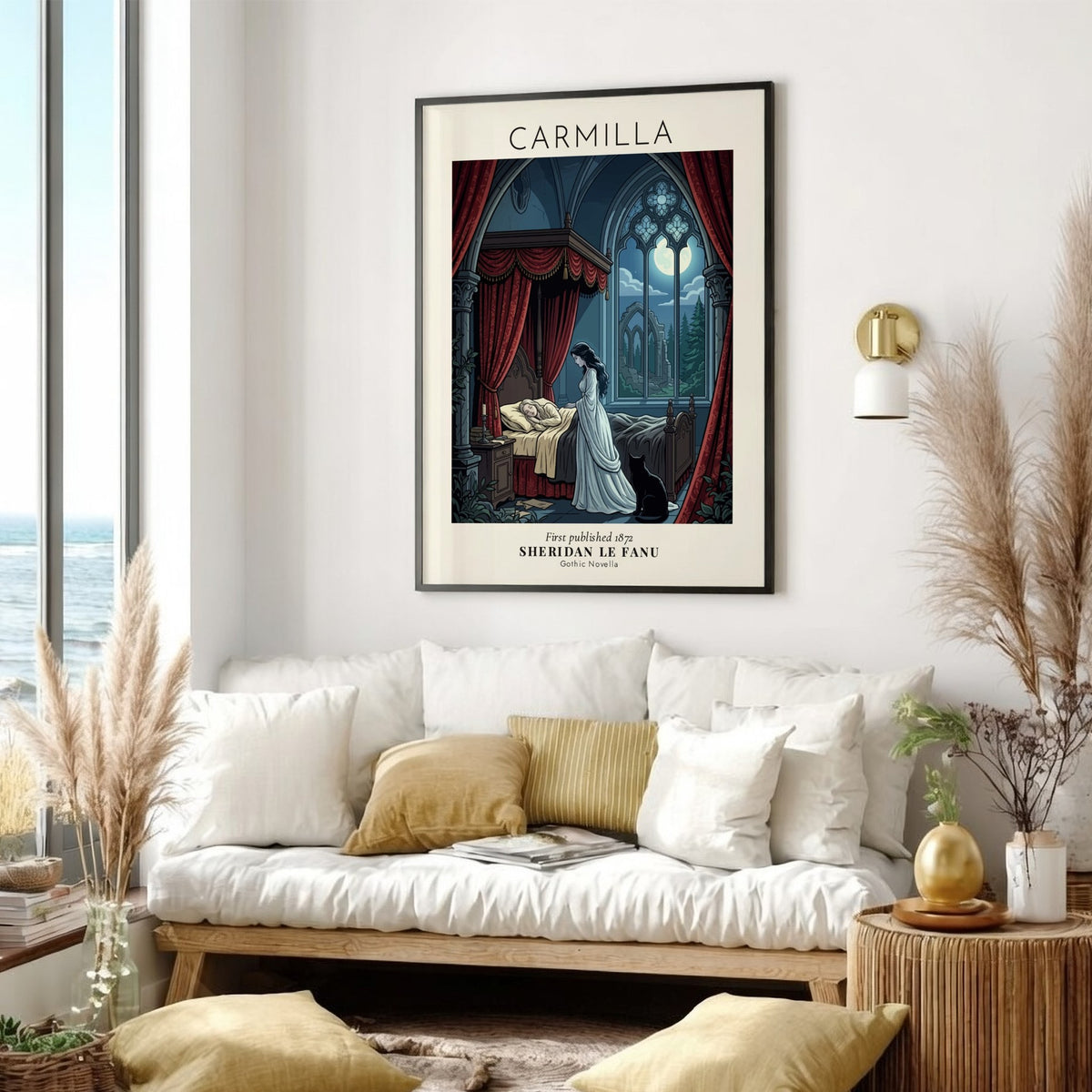 Gothic poster of a woman standing over a sleeping girl with a black cat.