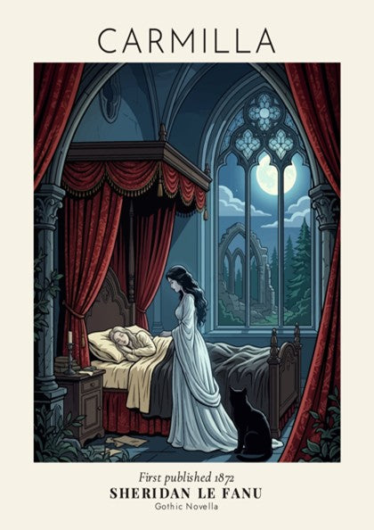 Gothic poster of a woman standing over a sleeping girl with a black cat.