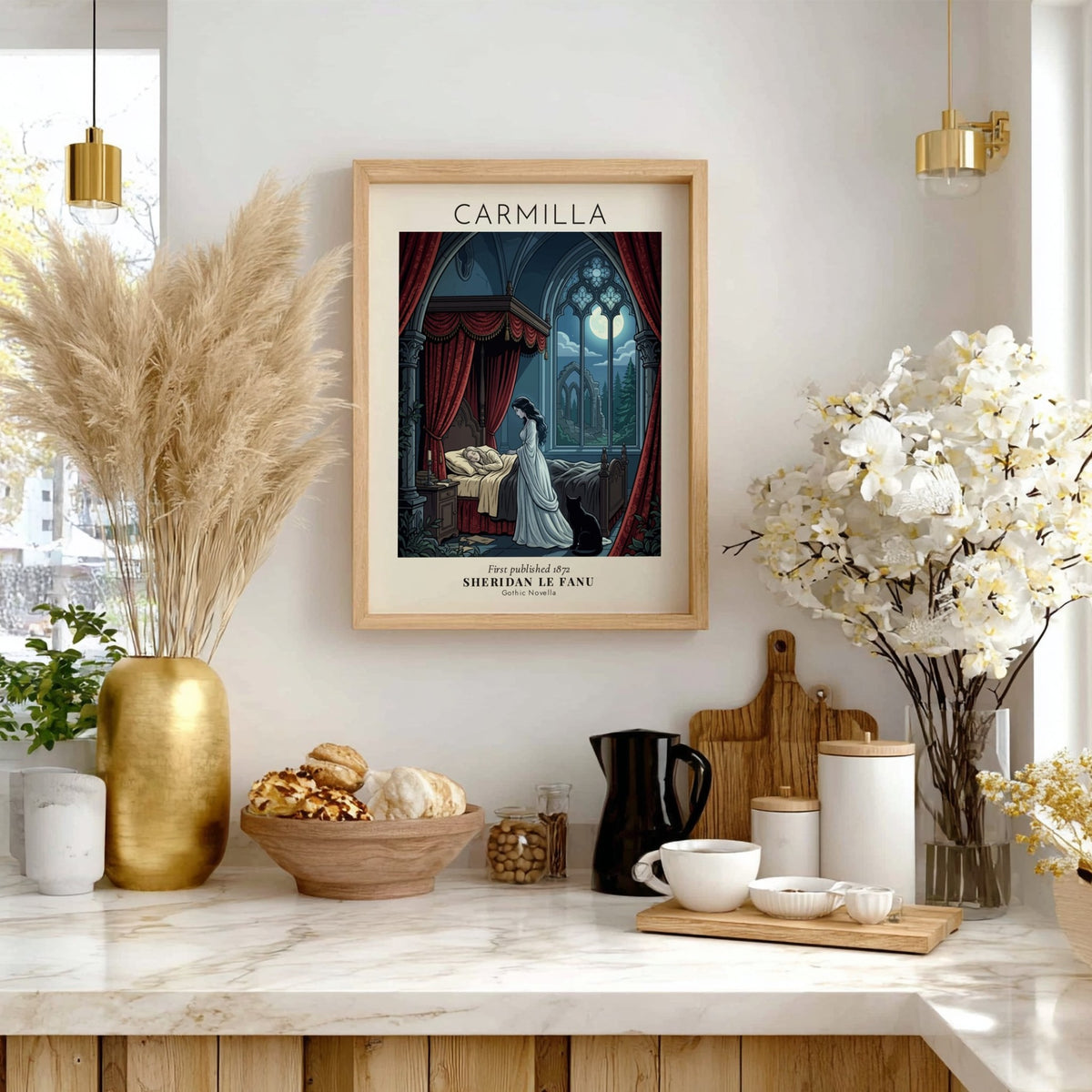 Gothic poster of a woman standing over a sleeping girl with a black cat.