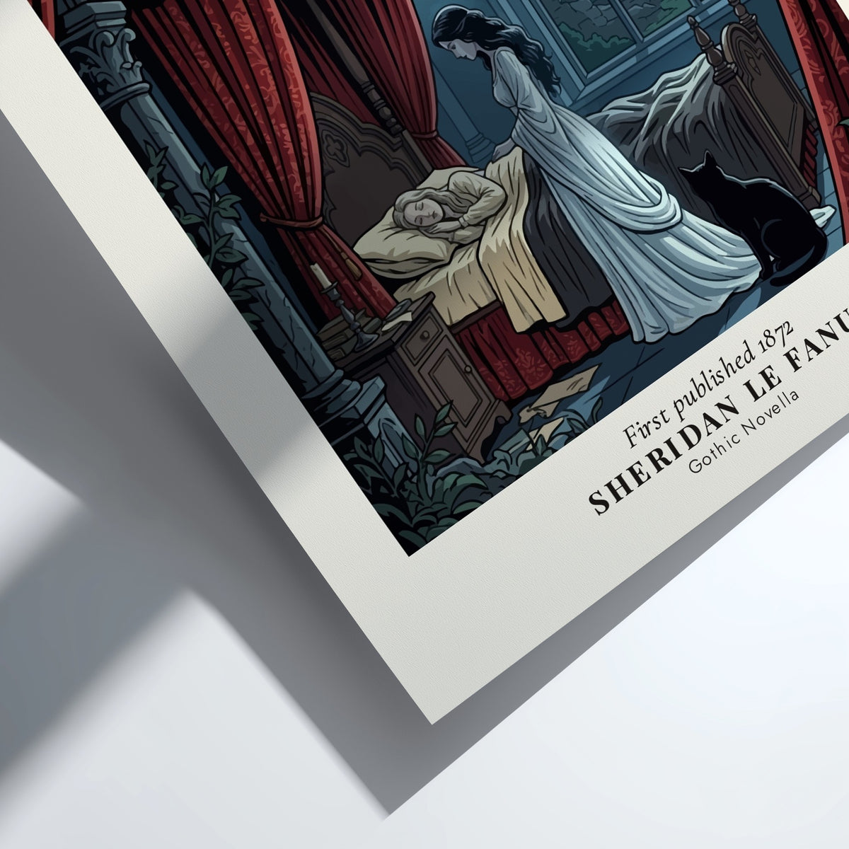 Gothic poster of a woman standing over a sleeping girl with a black cat.