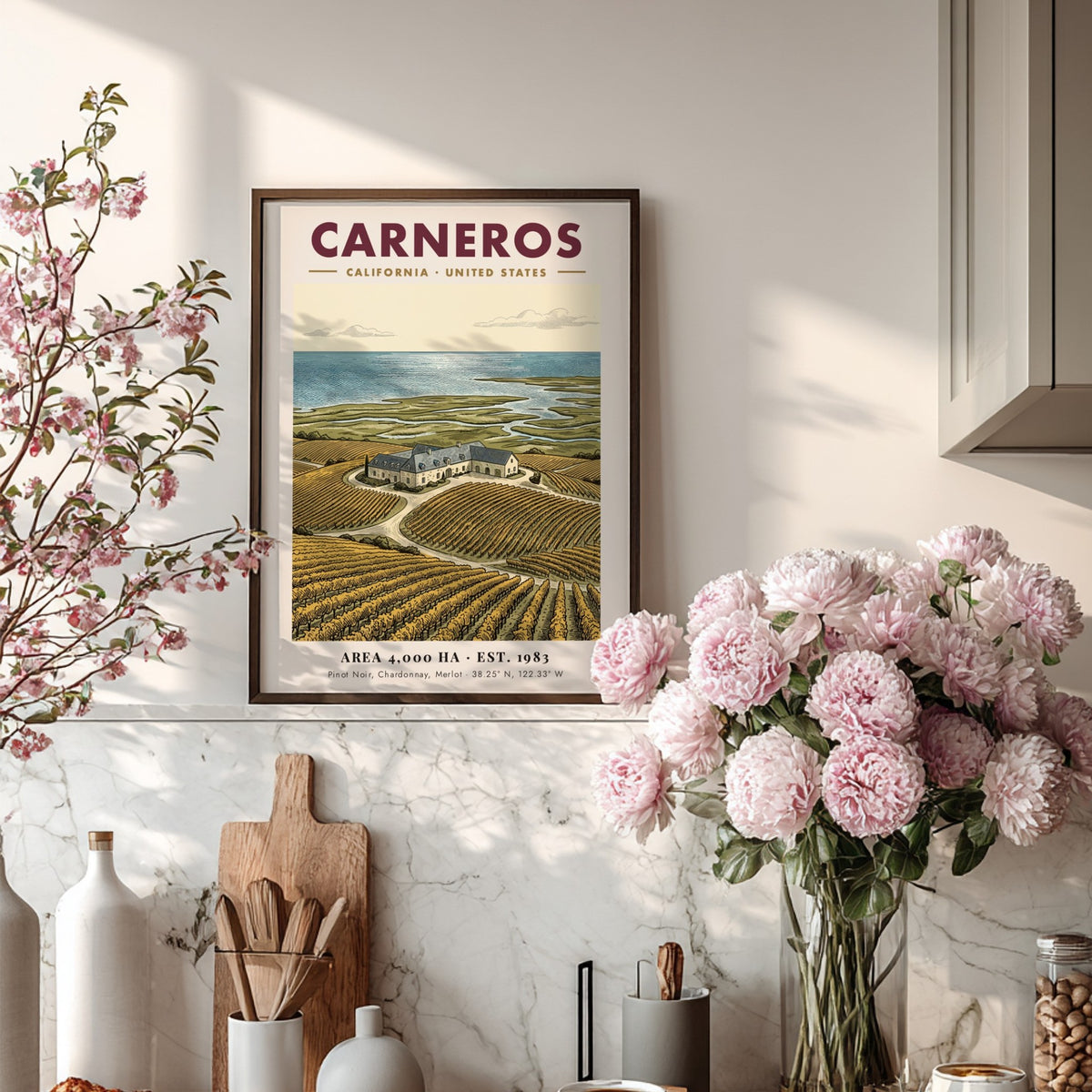 Poster of Carneros California vineyard landscape with rows of vines and stone estate