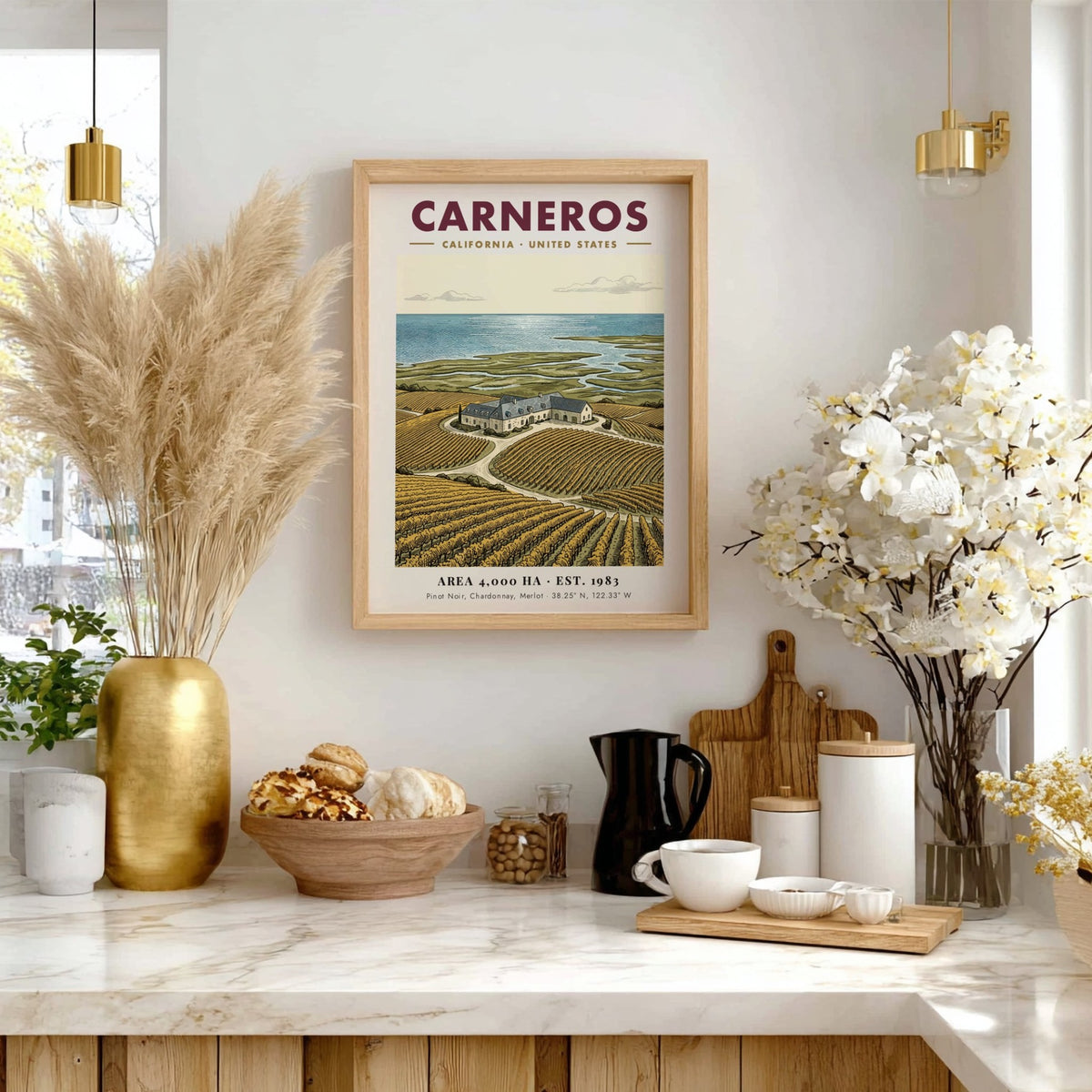 Poster of Carneros California vineyard landscape with rows of vines and stone estate