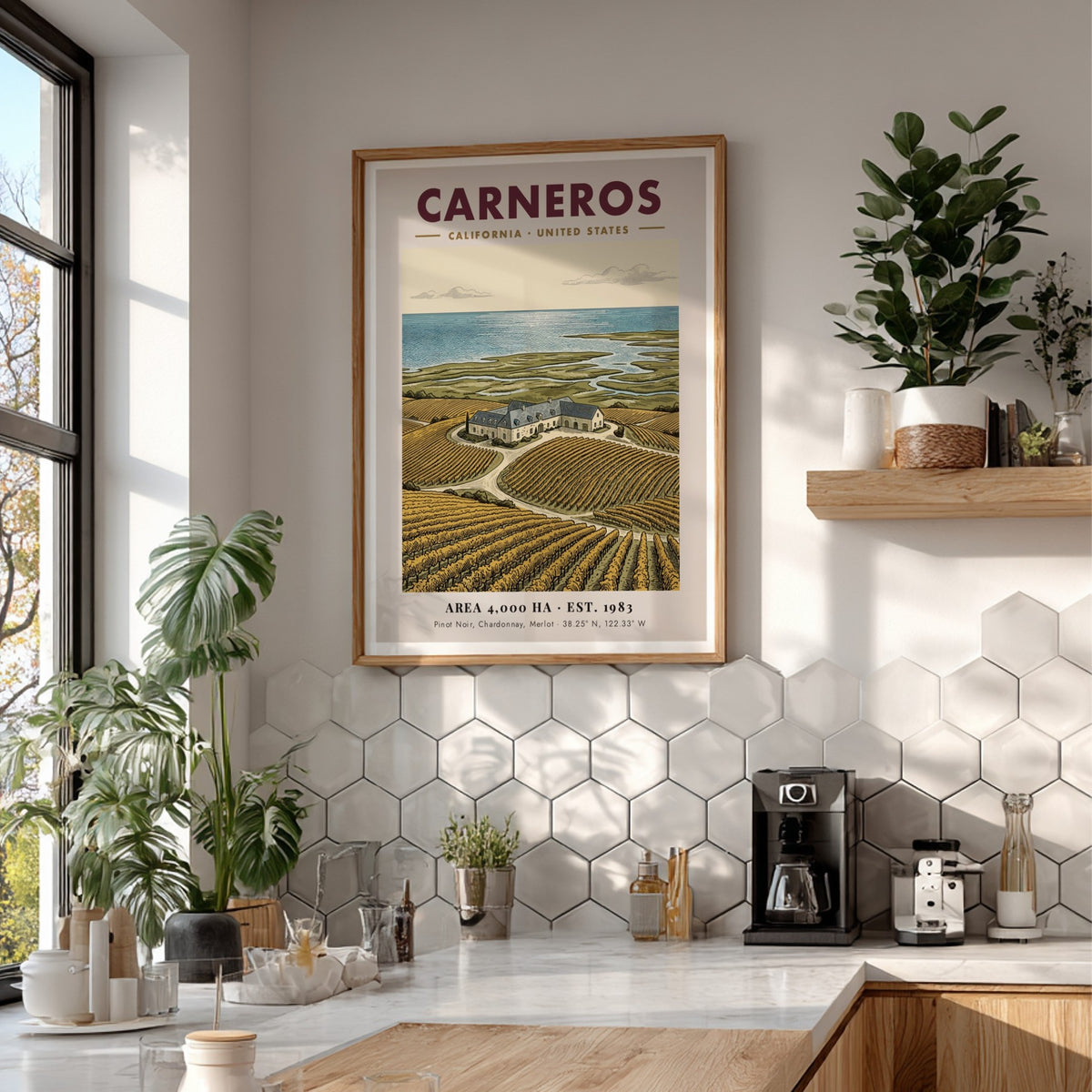 Poster of Carneros California vineyard landscape with rows of vines and stone estate