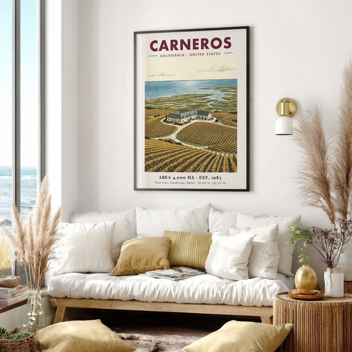 Poster of Carneros California vineyard landscape with rows of vines and stone estate