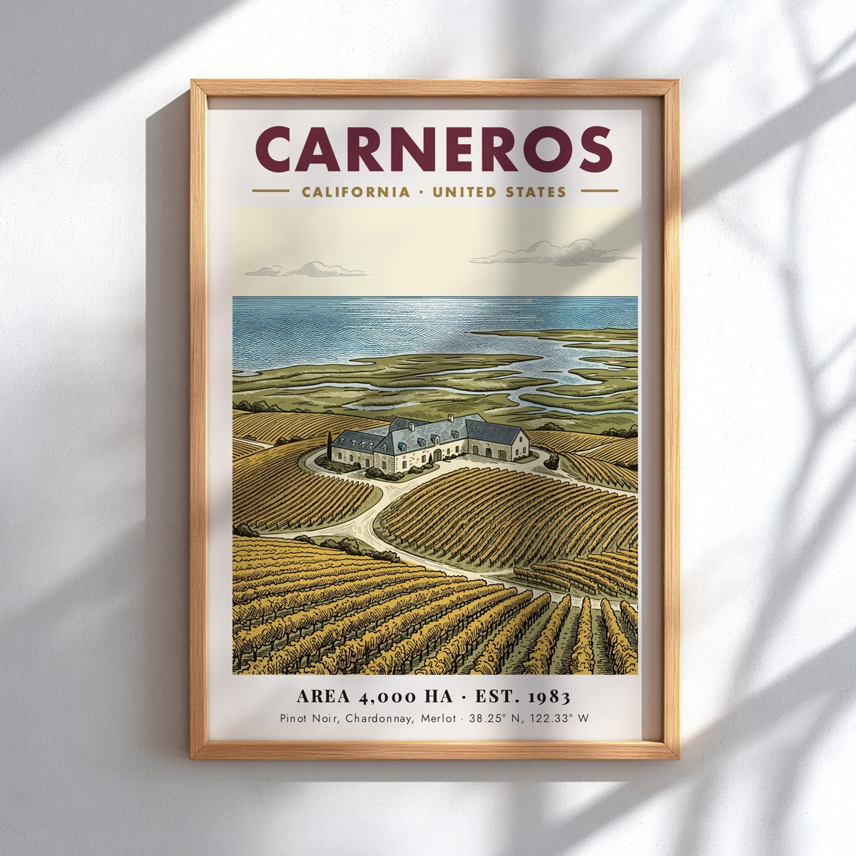 Poster of Carneros California vineyard landscape with rows of vines and stone estate