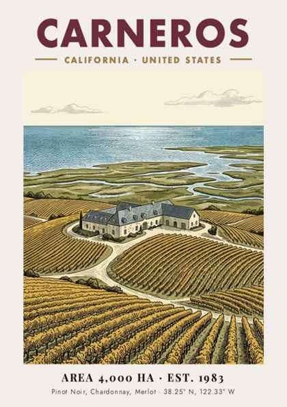 Poster of Carneros California vineyard landscape with rows of vines and stone estate