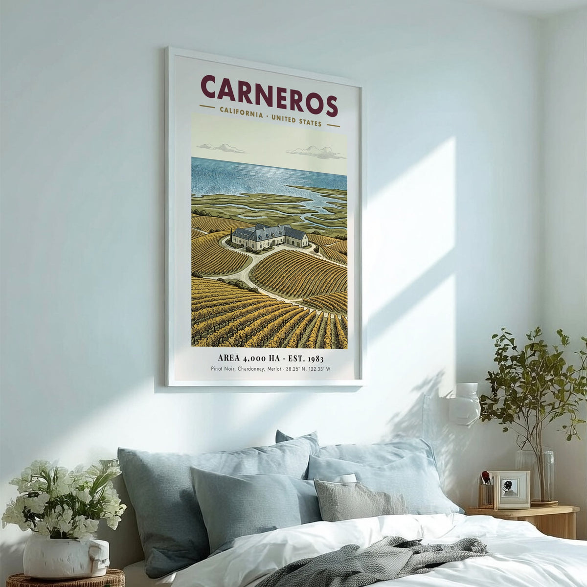 Poster of Carneros California vineyard landscape with rows of vines and stone estate