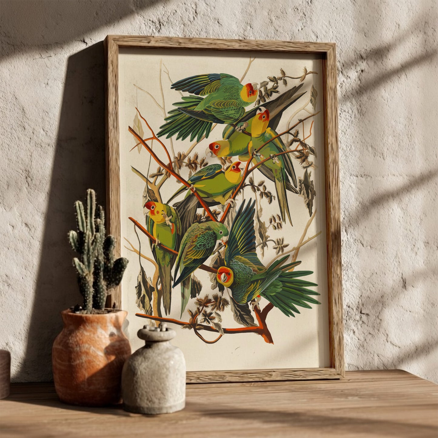 Carolina Parrot poster featuring vibrant green and red birds in a vintage style, perfect for bird lovers and