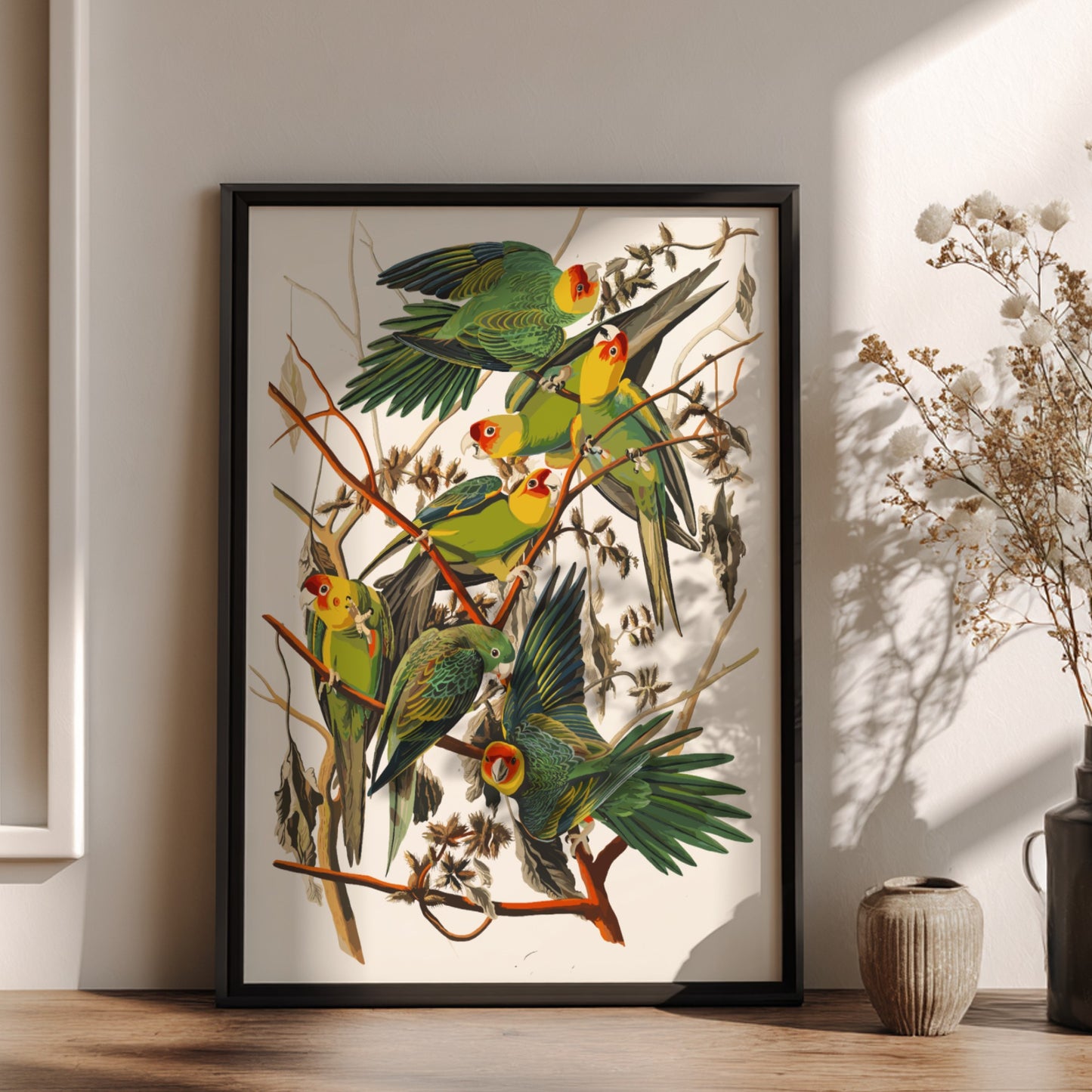 Carolina Parrot poster featuring vibrant green and red birds in a vintage style, perfect for bird lovers and