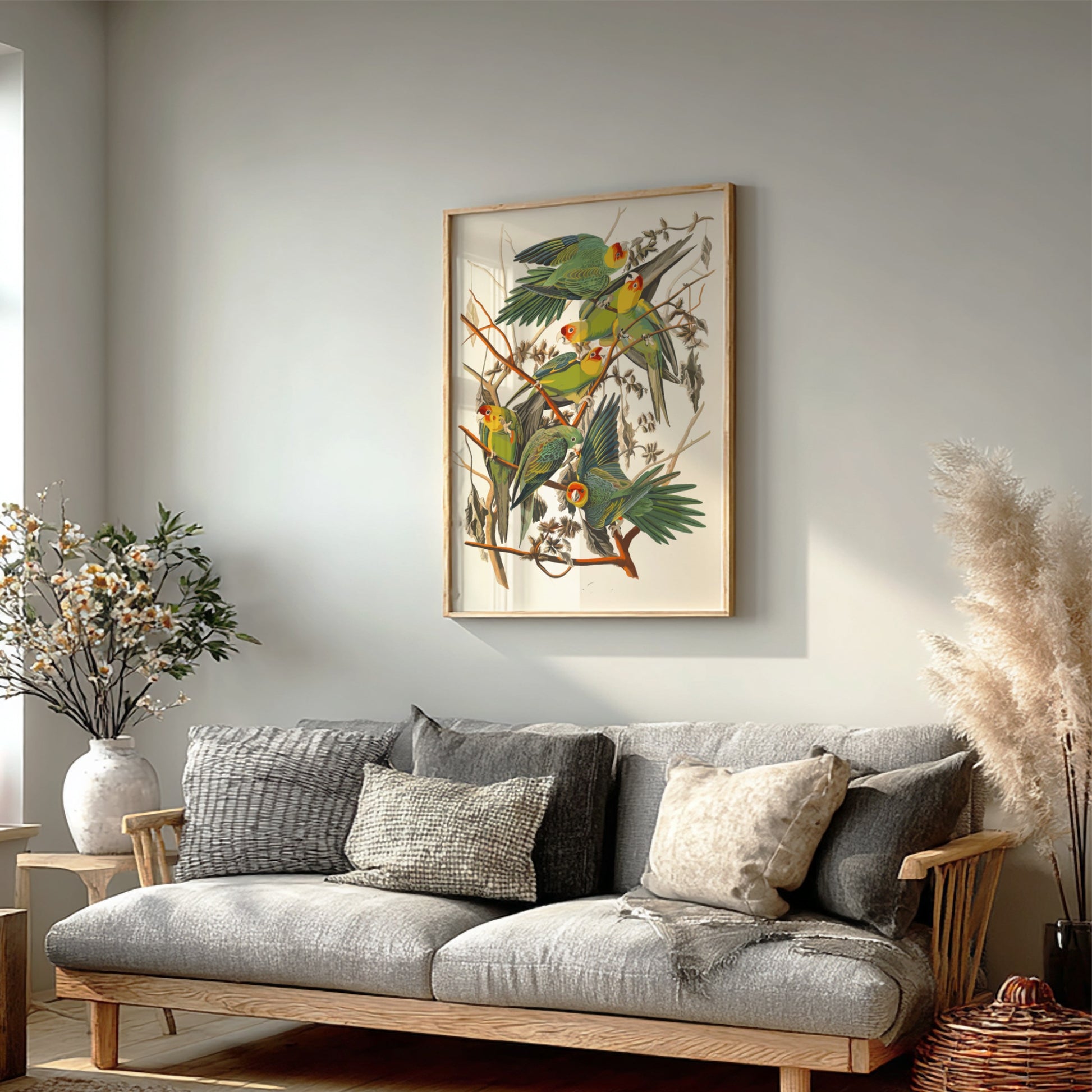 Carolina Parrot poster featuring vibrant green and red birds in a vintage style, perfect for bird lovers and
