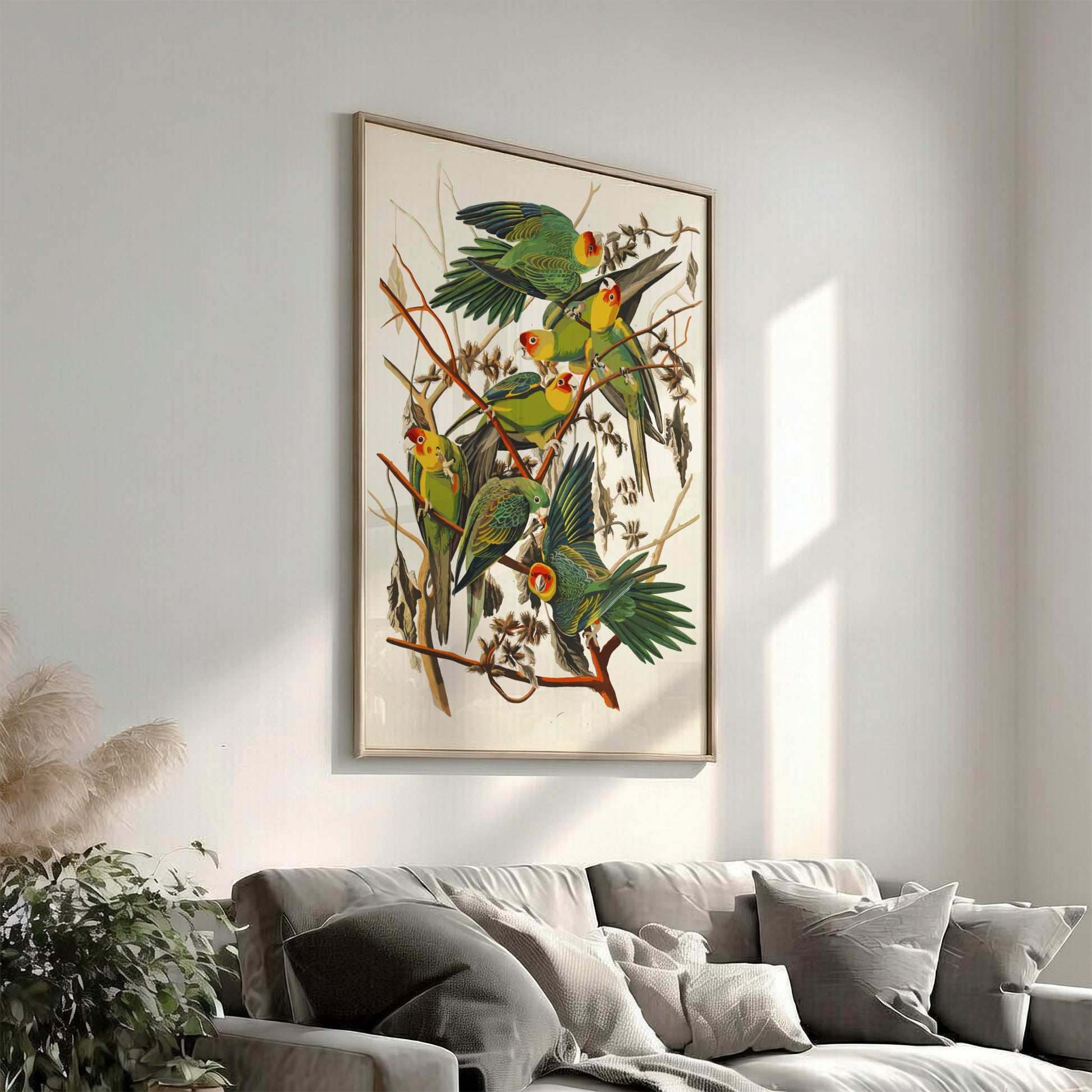 Carolina Parrot poster featuring vibrant green and red birds in a vintage style, perfect for bird lovers and