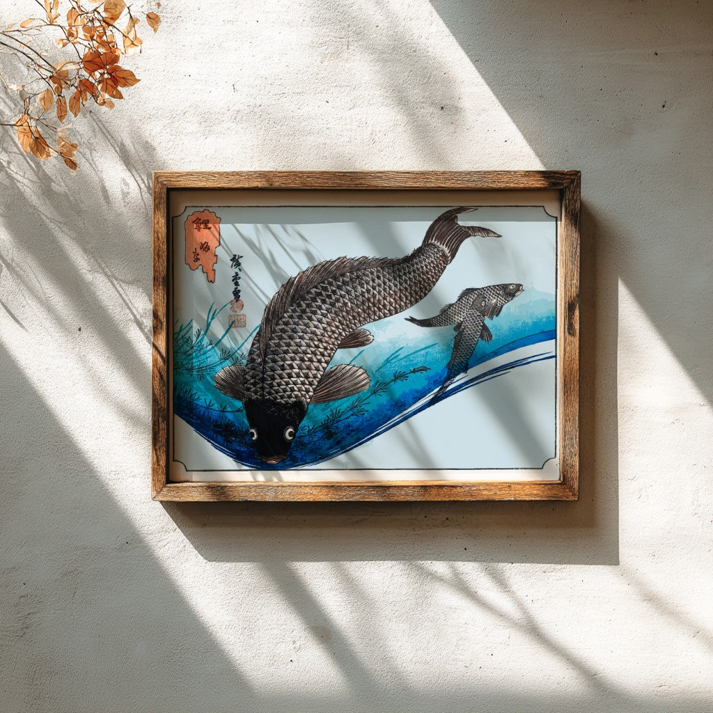 Carp and Crucians art poster featuring traditional Japanese style with fish in tranquil waters, perfect for