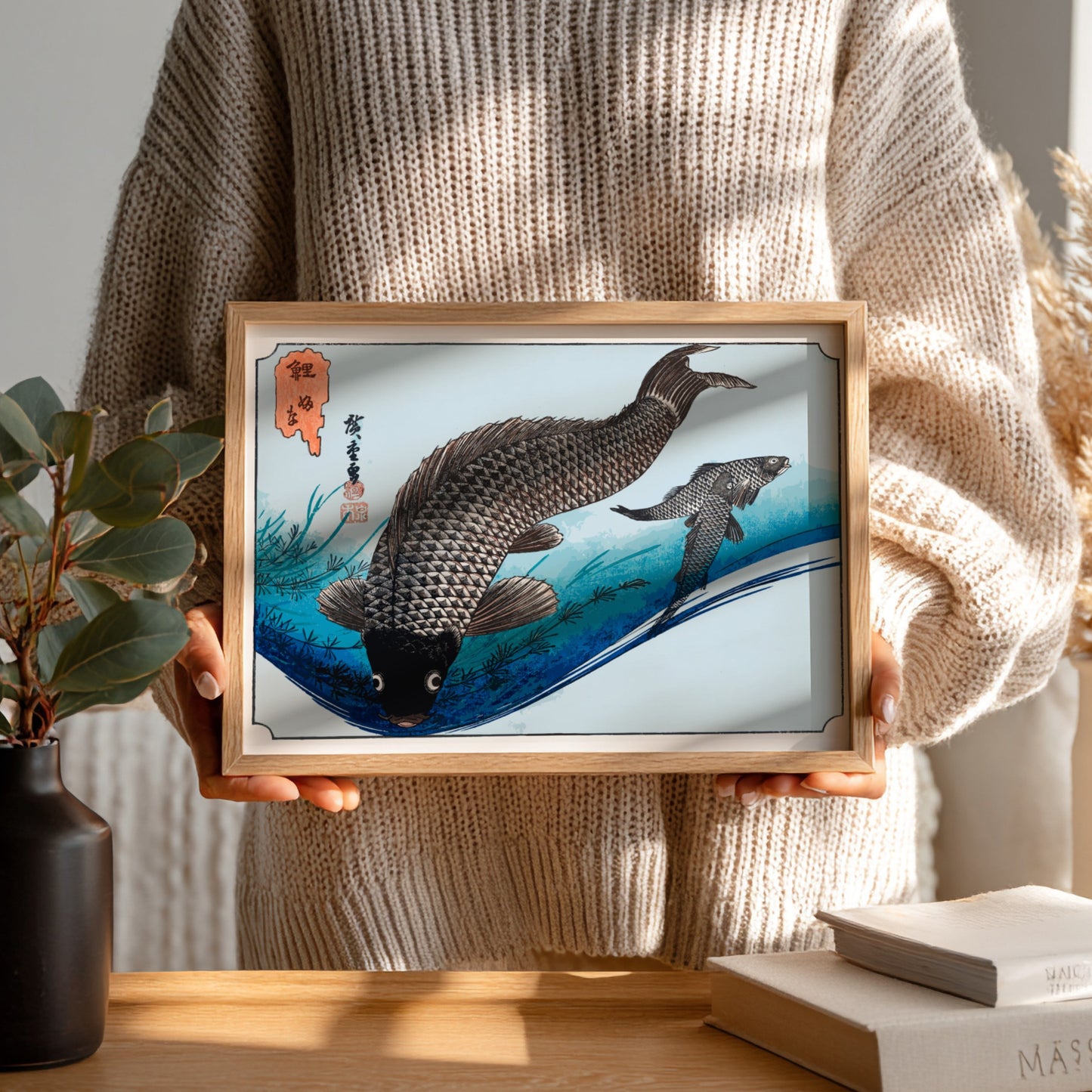 Carp and Crucians art poster featuring traditional Japanese style with fish in tranquil waters, perfect for