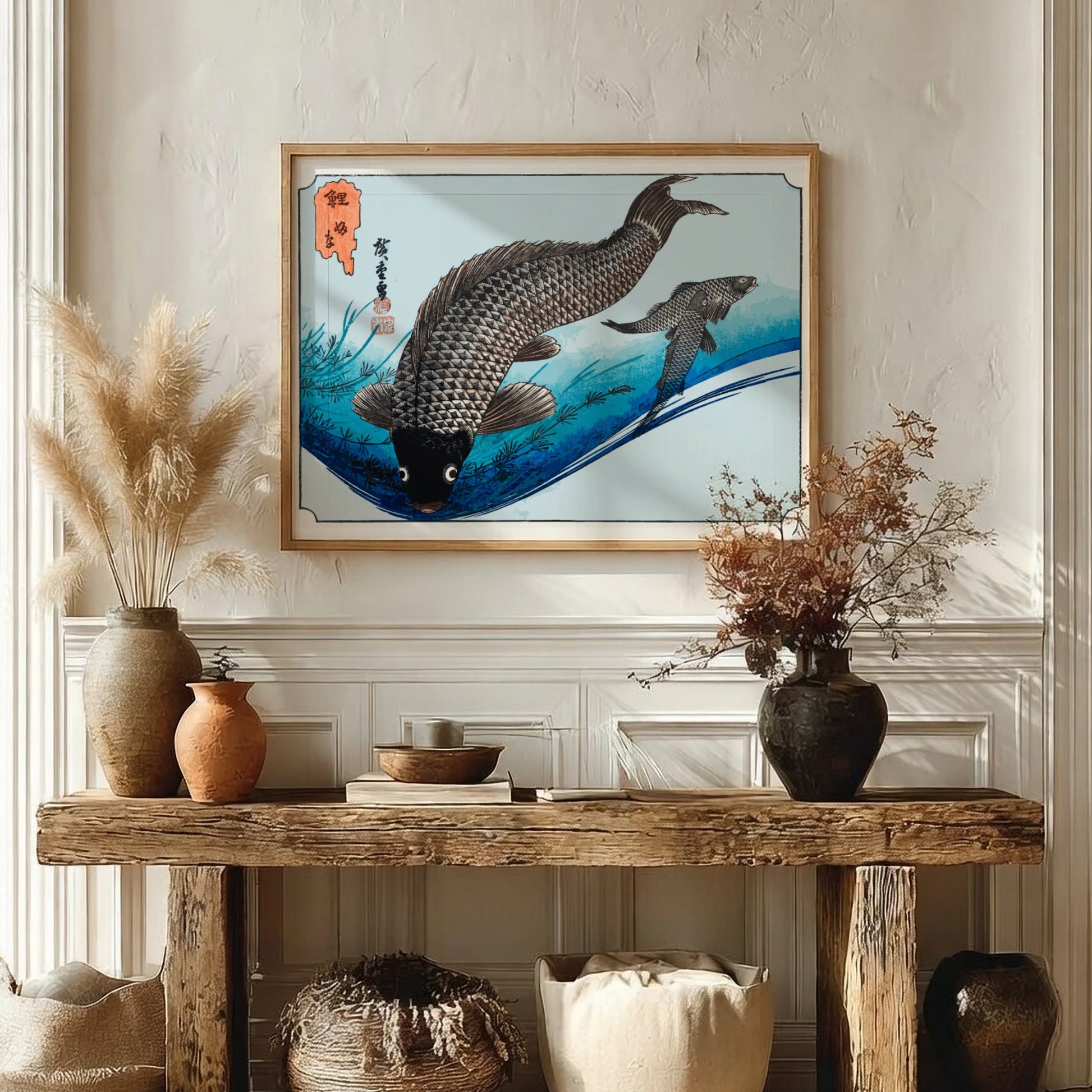 Carp and Crucians art poster featuring traditional Japanese style with fish in tranquil waters, perfect for