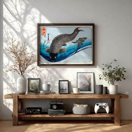 Carp and Crucians art poster featuring traditional Japanese style with fish in tranquil waters, perfect for