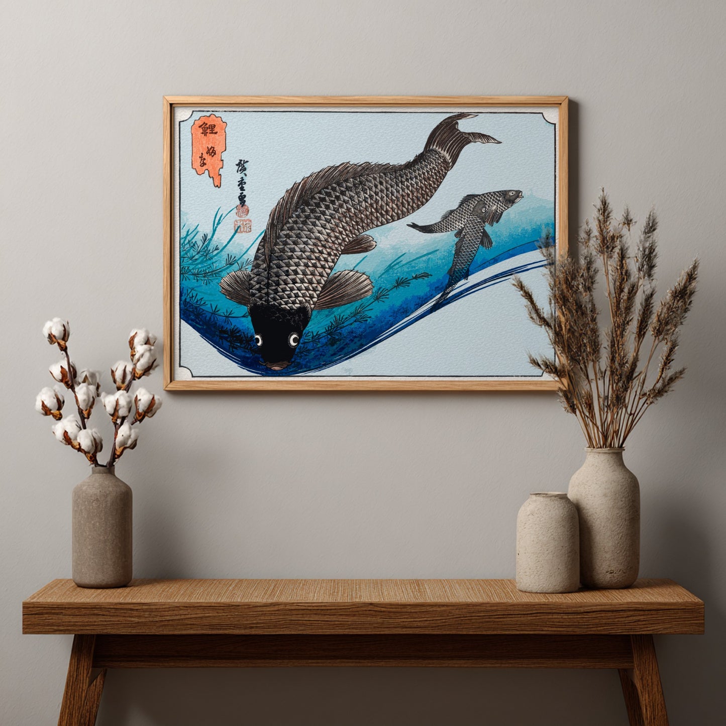 Carp and Crucians art poster featuring traditional Japanese style with fish in tranquil waters, perfect for